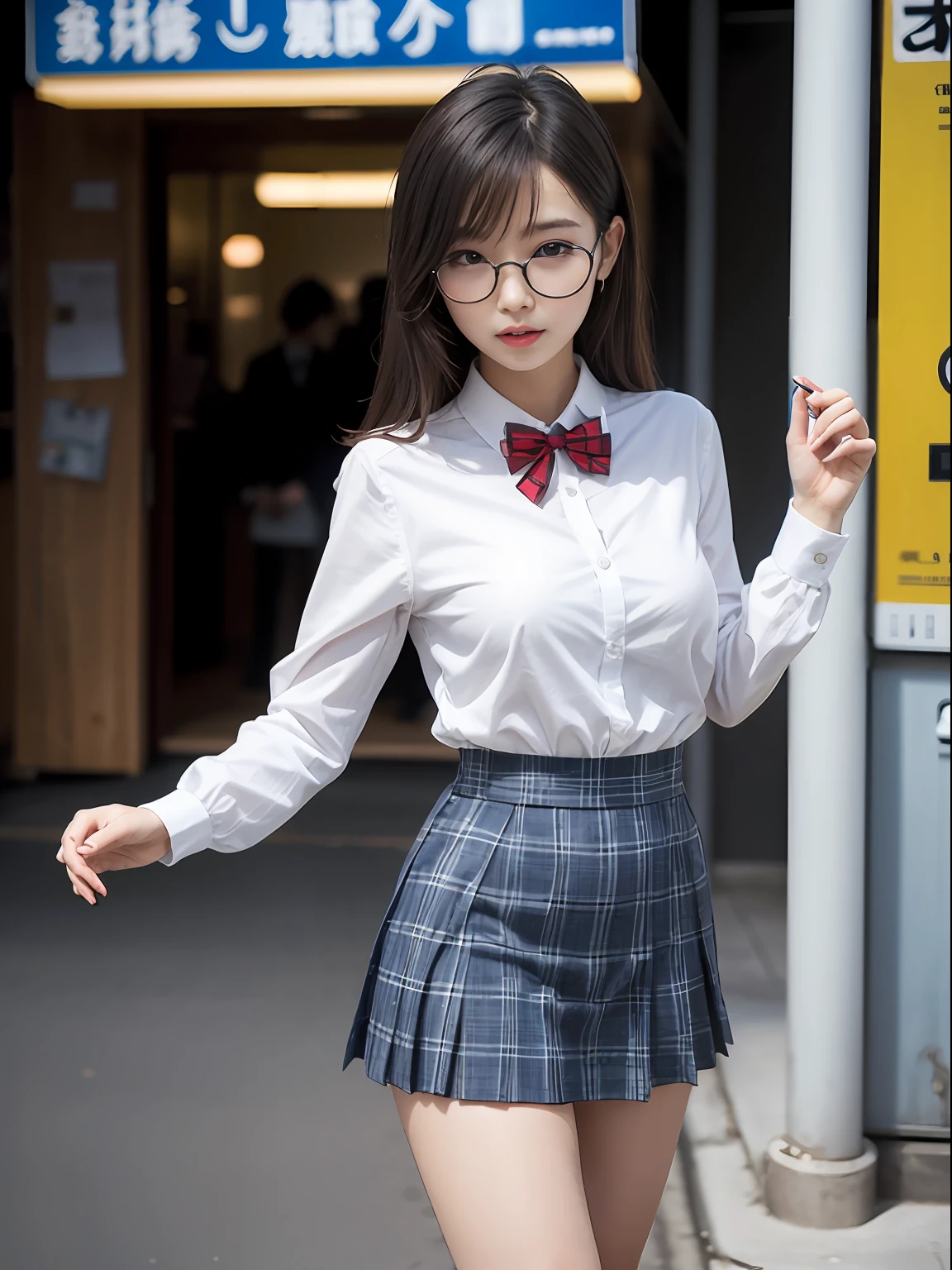 (8K、Raw photography、top-quality、masterpiece:1.2),absurderes,a small face,small tits,flat breast,Parting the bangs from the middle、Forehead visible,(Tight eyes,Bullish,skinny,Rasping,irate)、masterpiece,top-quality、超A high resolution,Raw photo,ren,Beautiful fece,One Person, 独奏,eye glass,,Dark look,Small breasts,fullllbody,Round glasses、cute little、A Japanese Lady,is standing,(Tight eyes,Bullish,skinny,Rasping,irate,small tits,flat breast)、(Photorealsitic:1.37)、Photon mapping,Light blue ribbon,Realistic、Cute little face,Brown-eyed、Black socks、(Red bow tie)、Radio City、Physically Based Rendering、Foreground、depth of fields、Blurry background、a picture,The girls、Body, Long legs, Thin leg,Semi-long,(Bangs are visible), hair, s lips, Blue_The eye, nosesoft,White shirt, Navy blue and white plaid pleated skirt, Knees are visible,Sheer clothing,, Thigh, Black cotton socks,Nogizaka Idol, 女優, Japanese ido