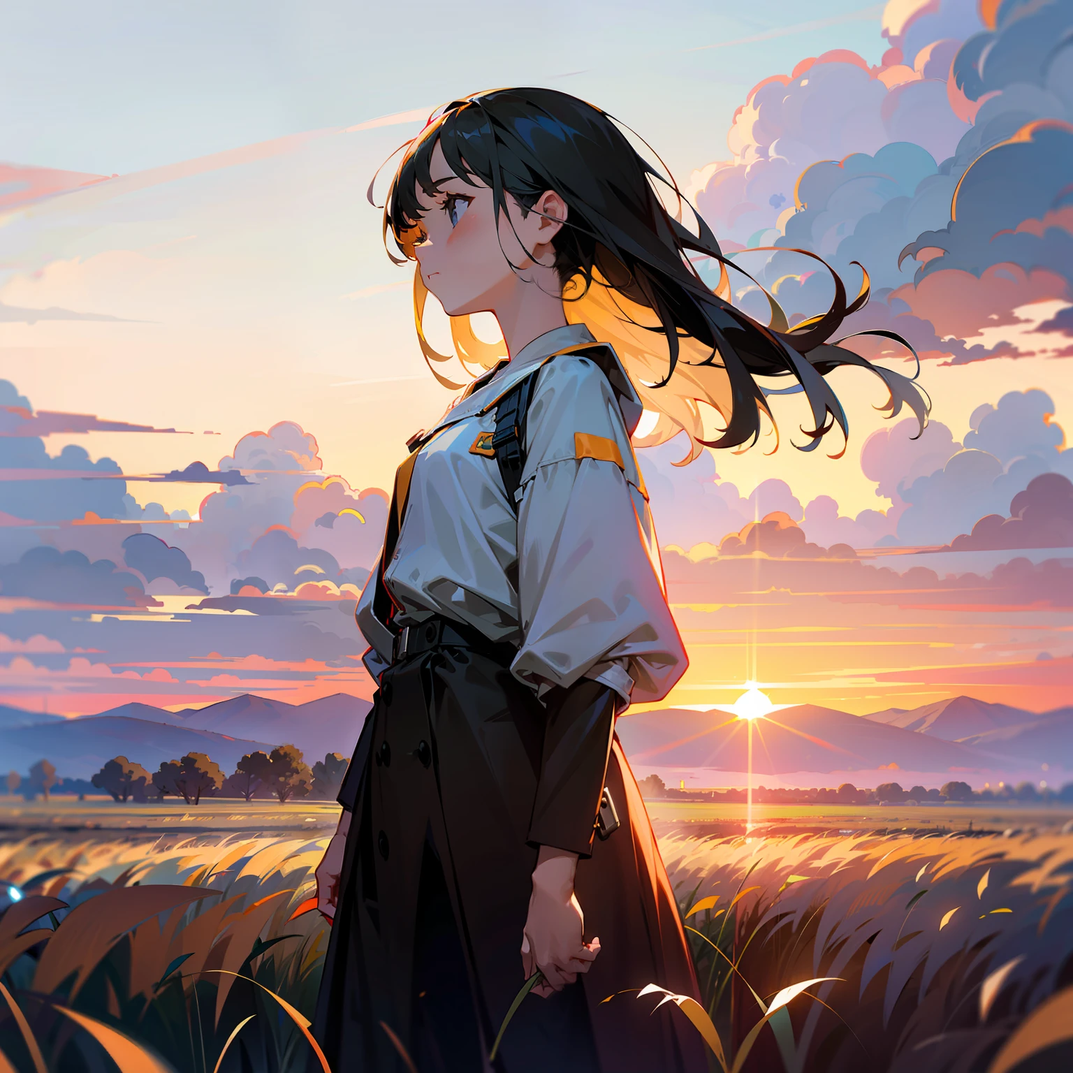 girl standing in field, closeup, portrait, clouds, sunrise