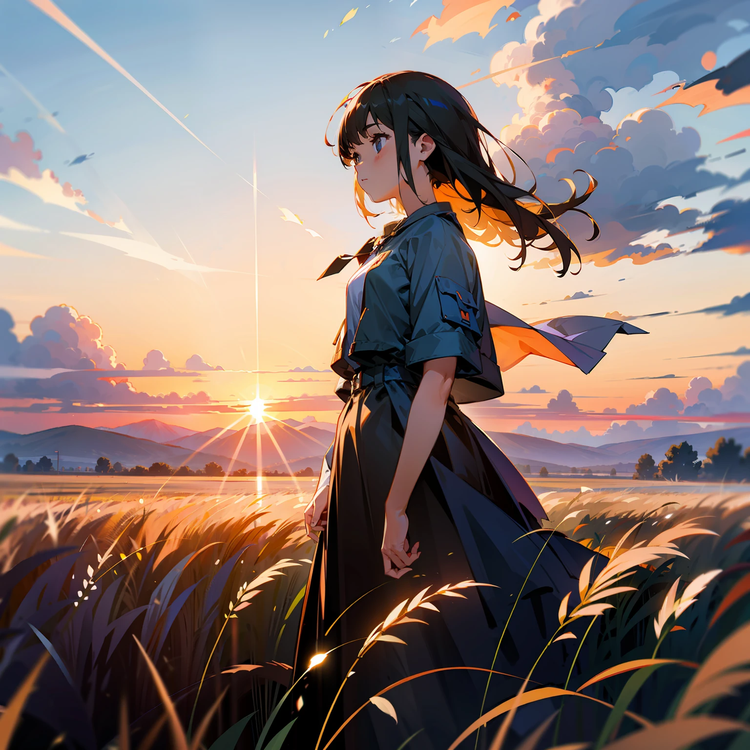 girl standing in field, closeup, portrait, clouds, sunrise