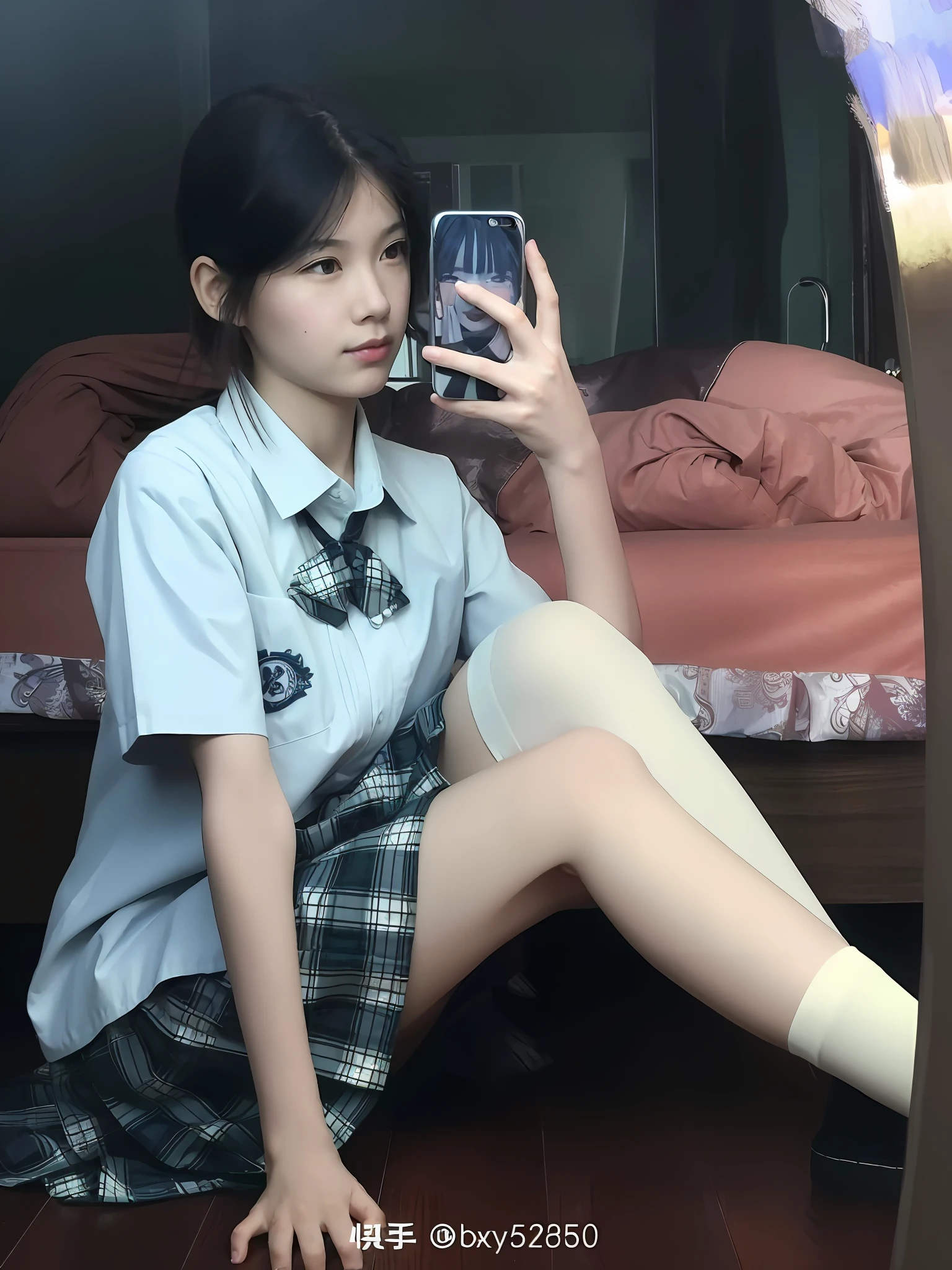 there is a woman sitting on a floor taking a picture of herself, of a schoolgirl posing, Surrealism female students, cute female student, japanese girl school uniform, wearing a Japanese school uniform, Surrealism female students, in school uniform, Japanese school uniform, Realistic schoolgirl, 19-year-old girl, in school uniform, Dress up as a schoolgirl of the best quality,highly detailed,tmasterpiece,ultra - detailed,Correct limbs