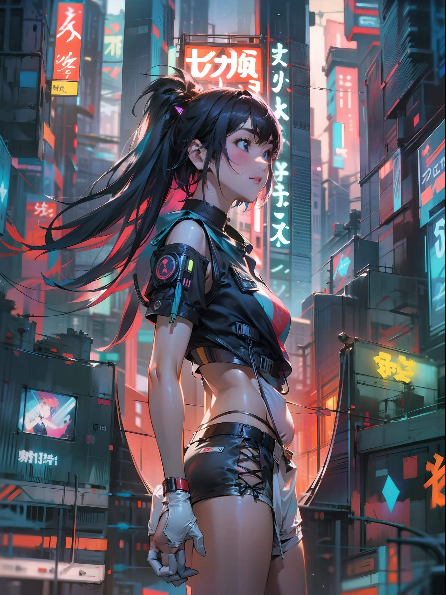 8K、Illustrations of futuristic cities in ultra-high definition detail。The subject is１Woman posing aggressively of people。She wears a cyberpunk-style short-sleeved shorts outfit、Sleeveless and exposed shoulders。The hairstyle is short black hair and the inner color shines colorfully.。Dressed in lightly dressed fashion。

The background is a cityscape of the ultra-near future、It depicts skyscrapers and a cityscape decorated with neon lights。In the center of the city is a huge square.、Futuristic structures and technologies are installed there。

Pose with an aggressive and powerful posture、Cross your hands in front of you、Energetic movement is expressed。

The outfit is cyberpunk-style short-sleeved shorts、It features a design that incorporates futuristic elements into modern fashion.。The sleeveless top also has a modern design。pure、Her inner color shines colorfully。

His expression is full of confidence、You can see how you are demonstrating your power to the fullest in the city of the future。

The composition is centered on the subject.、Futuristic cityscape is depicted in the background。

The lighting is illuminated by the neon lights of the city and the brilliance of technology.、The charm of the city of the future stands out。

The colors are vivid、Neon colors decorate the heart of the city、Emphasizes the futuristic atmosphere。The inner color also shines colorfully.。

The effect depicts the technology of the city of the future、The progressive and futuristic nature of the city is expressed。

Background effects feature futuristic buildings and technologies、The city's progressive and futuristic nature is emphasized。