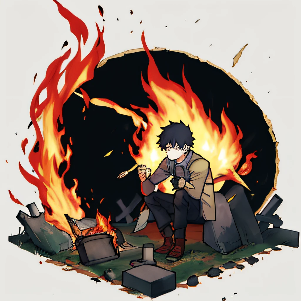 The boy with short black hair is in(Cemetery 1.4),(Burn the coin of the fire:1.4)