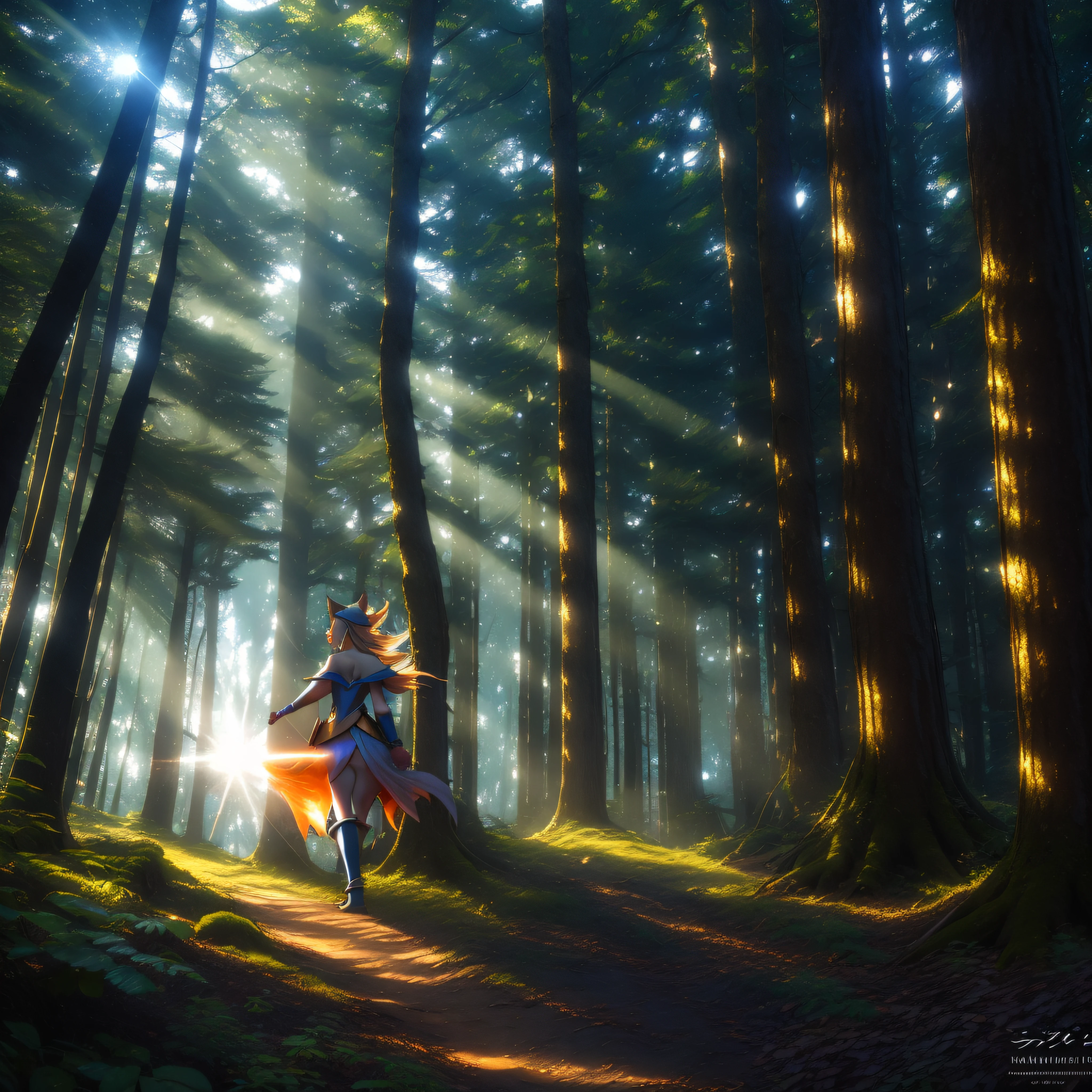 In the depths of a mystical forest, bathed in the soft glow of twilight, A fox spirit emerges from the shadows. Its vibrant orange fur sparkles with an otherworldly brilliance, as if touched by moonlight. The eyes of the mind, A haunting shade of amber, Brilliance with ancient wisdom and playfulness. Surrounded by towering trees with gnarled branches, The atmosphere is mystical and enchanting. Captured in Studio Ghibli style, Using a rendering engine that emphasizes the play of light and shadow, This scene is filled with a sense of magic and wonder, drop shadow, Tachi-E, POV, atmospheric perspective, hyperrealism, En plein air, scintiller, glowing light, Rayons divins, panorama, Lens Flare, 35 mm, chanoine, super detail, ccurate, Best quality, 16k, award winning, Masterpiece
