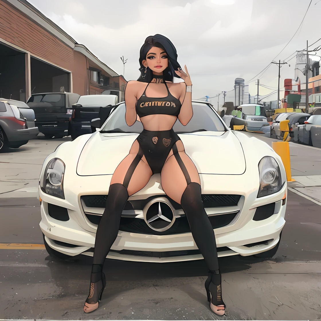 Araffe posando em um carro esportivo Mercedes em um estacionamento, inspirado em Hedi Xandt, Modelo do Instagram, Mercedez Benz, Directed by: Hedi Xandt, tamanho real, corpo inteiro feminino, sentada em seu carro, Kylie Jenner como Mulher-Gato, skydoll noa |, em um manequim. alta qualidade, parece realista, fotorrealista de corpo inteiro