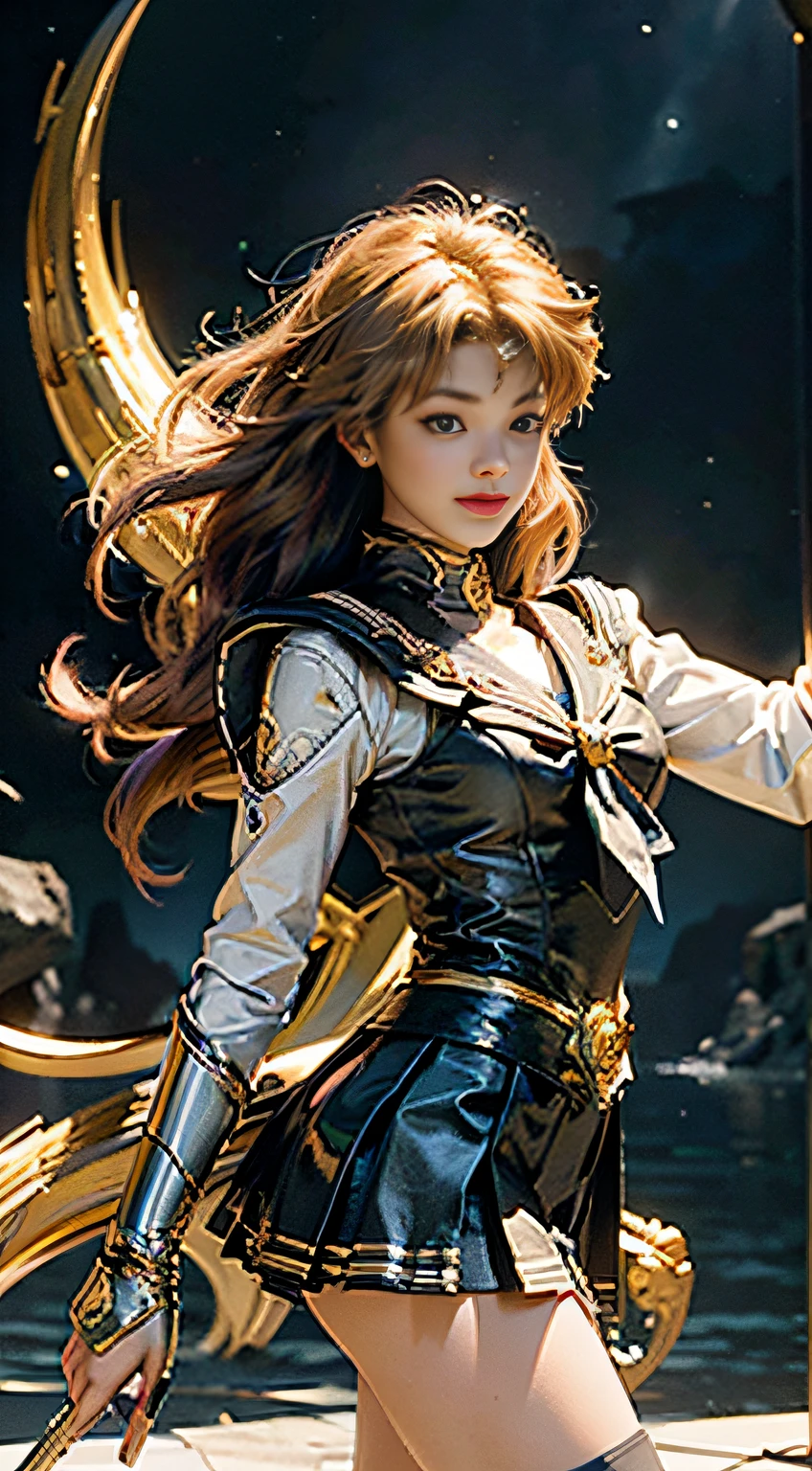 “(CG Unity 8K wallpaper in extreme detail，tmasterpiece，Highest image quality)，(Delicate light and shadow，Dramatic cinematic lens effects)，(the sailor moon：1.1)，ssmile，double tails，eBlue eyes，golden hair，tight top，whitegloves，mini-skirts，dynamicposes，universe background(Exceptional detail，Excellent lighting effects，wide-angle vistas)，Superior rendering。”
