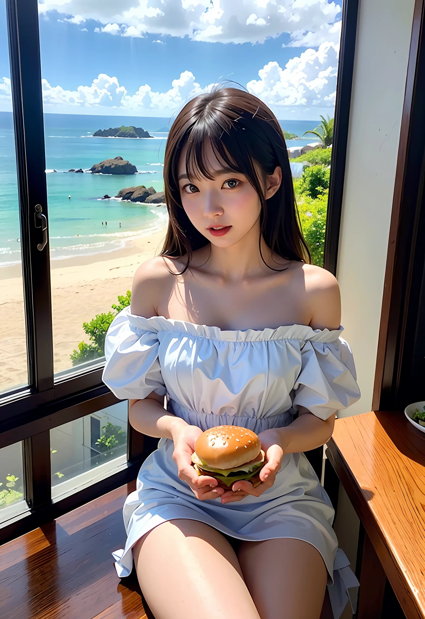8K、Top image quality、masterpiece、夏天、20yr old、(1 adult female)、Off-the-shoulder dresses、by the window、ocean view、Eat a burger in a café、Eat with your mouth wide open、Eating moments、(Expressions that you can enjoy to the fullest)、Cinematic lighting、