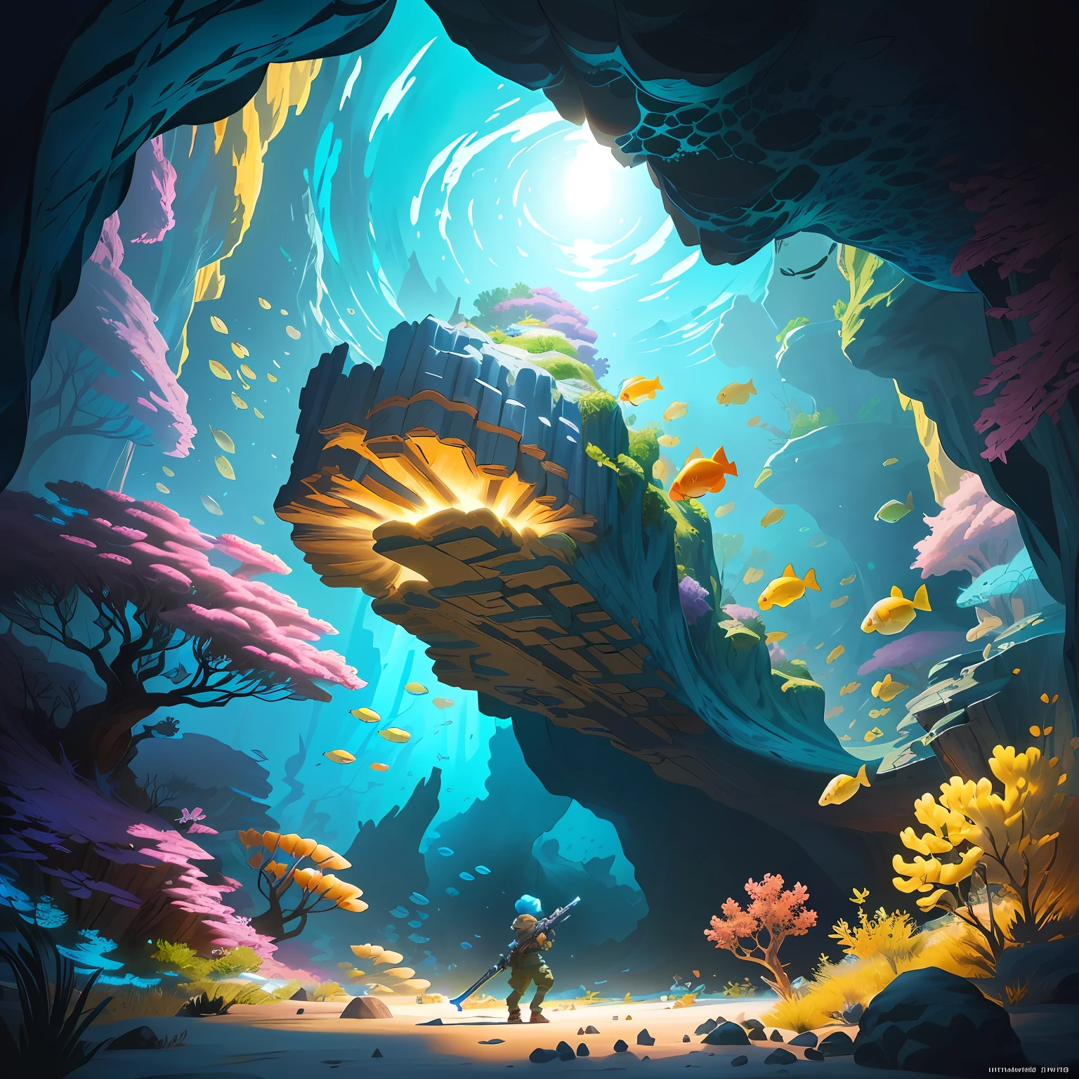 Cartoon boy with gun in a cave surrounded by fish, childrens art in artstation, Official illustration, Game art, Game illustration, cover game art, Mobile game art, detailed game art illustration, children's book illustrations, game key art, background artwork, A beautiful artwork illustration, Detailed game art, children's book illustrations, 2. 5 d illus