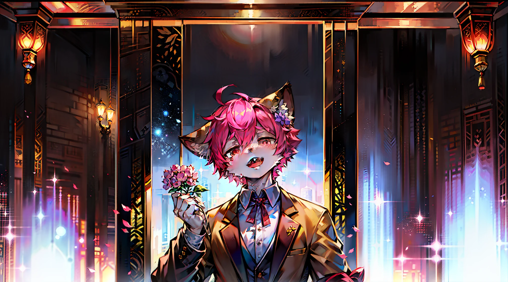 （1boys：1.3），neko boy，（shaggy：1.5），Holding a flower in one hand，The other hand bleeds，Squint，Pink hair，bodyfur，hyper cute face，Beautiful light and shadow，ambient lights，Ultra-detailed fur，full bodyesbian， lighting perfect， light particules， （tmasterpiece）， （ultra - detailed）， Sharp focus， light particules， niji， Blushlush， The color hair， short detailed hair， Sharp finger claws， 独奏， ssmile， 独奏， hairy pubic， Animal ear villi， Open your clothes， coda， with her mouth open， depth of fields， （best qualtiy） JW3，（Chinese art），Business suit，The background is the burning estate，
