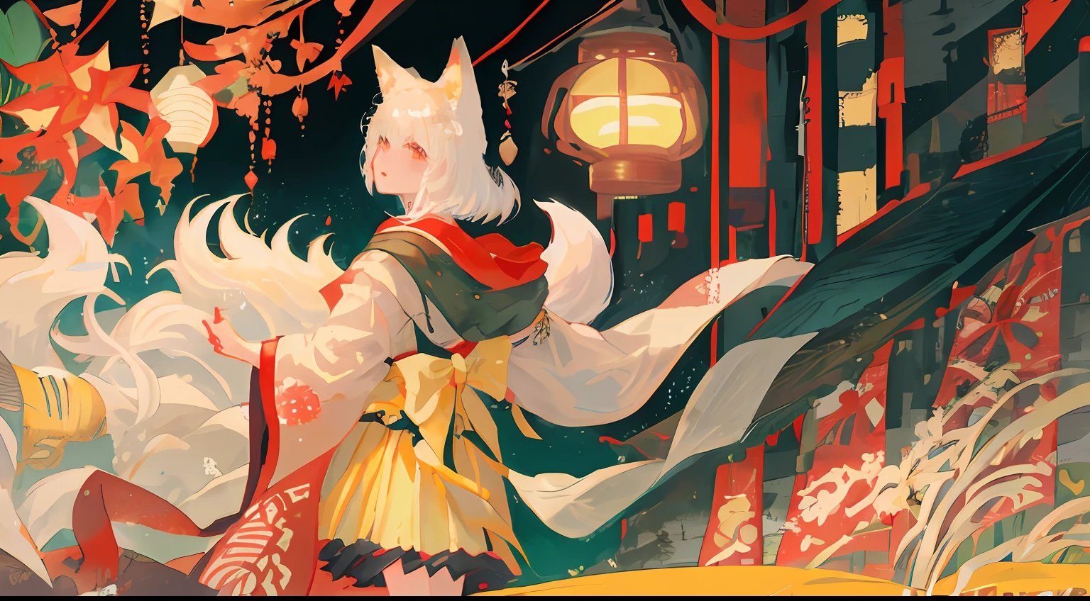 Masterpiece, Best quality, Ultra-detailed, illustration, 1girll,(fox ear),((White color hair)),Kimono skirt