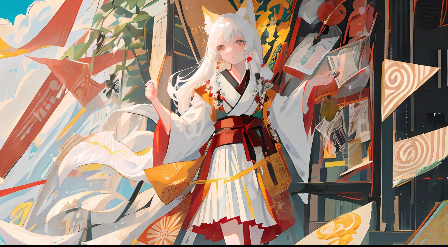 Masterpiece, Best quality, Ultra-detailed, illustration, 1girll,(fox ear),((White color hair)),Kimono skirt