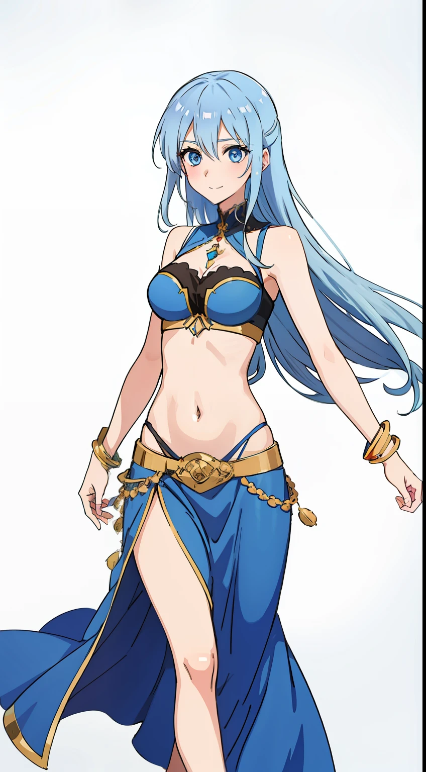 shikimori, medium breast, slim legs, blue gown, navel, skirt, standing, beautiful eyes, blue eyes, happy, arabian belly dancer, stage