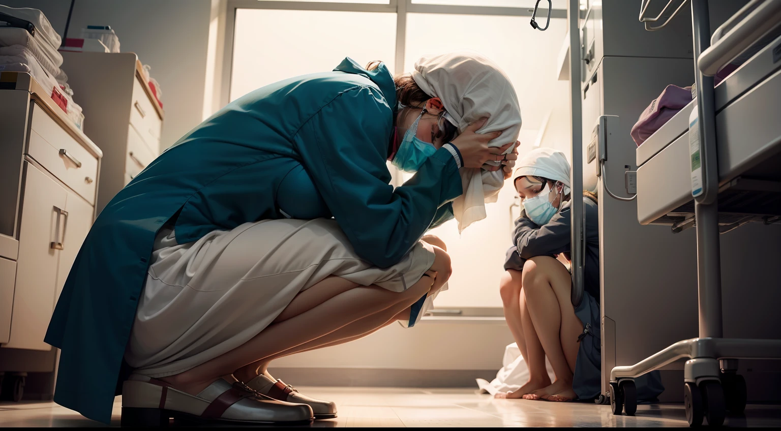 hospitals,woman,kneeling down,Cover your face and cry,