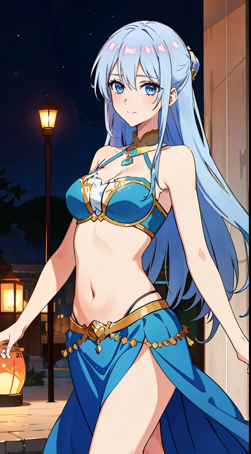 shikimori, medium breast, slim legs, blue gown, navel, skirt, standing, beautiful eyes, blue eyes, happy, arabian belly dancer, stage