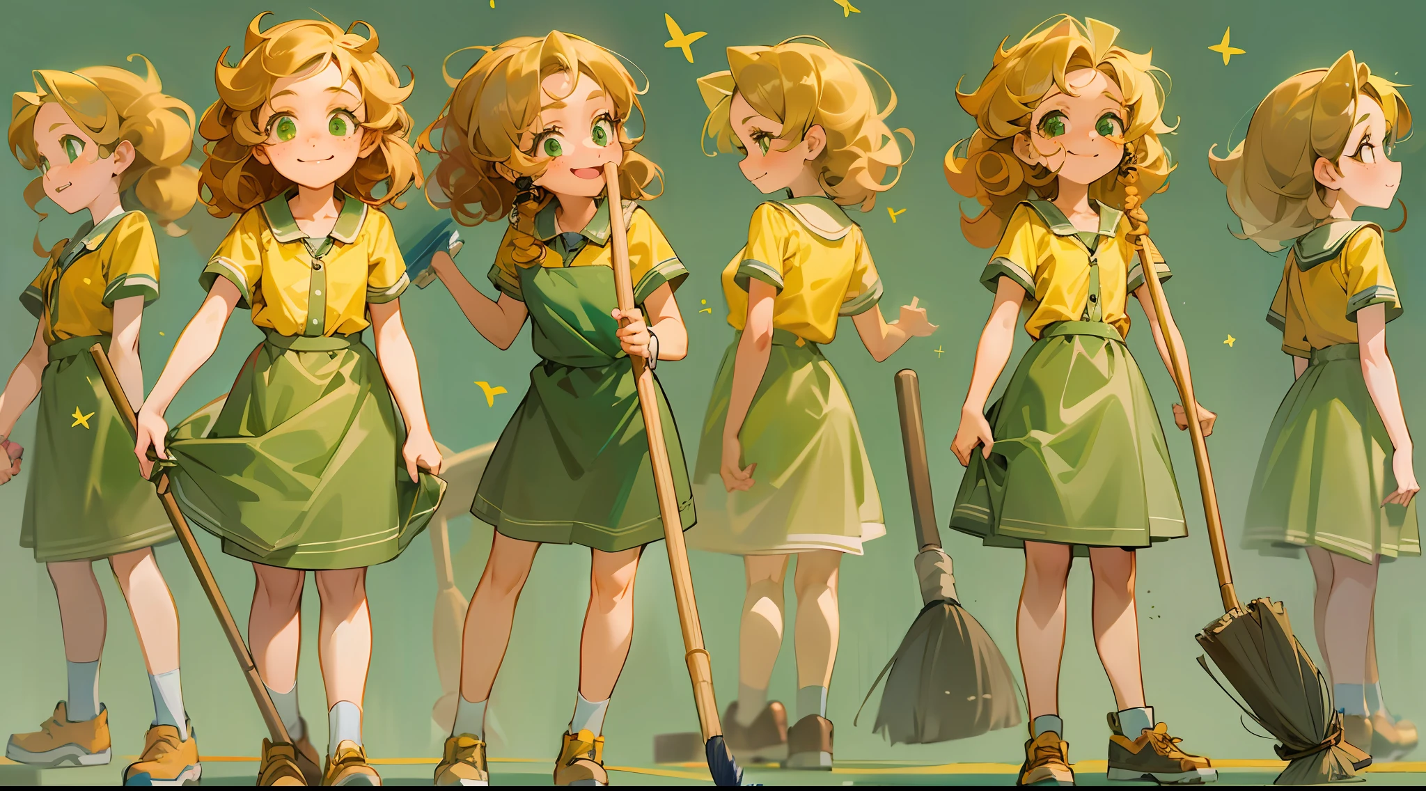 Photorealism, 12 year old girl, pretty 12 year old girl with green eyes, terrible curly hair, naturally curly, golden hair, freckles, housemaid style, smile, cheerfully cleaning with a broom