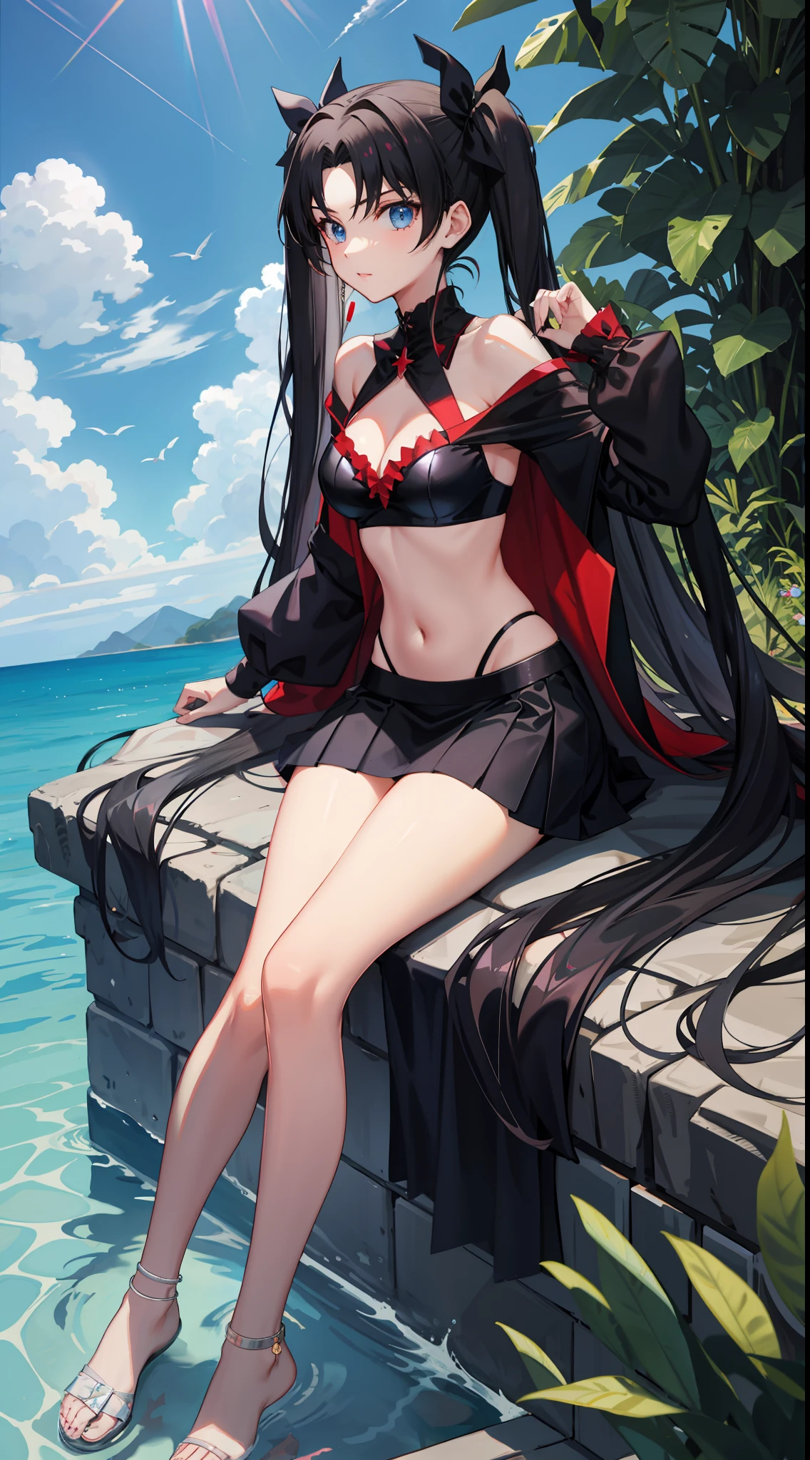 long hair, black hair, medium breast, slim legs, happy, blue gown, cleavage, skirt, rin tohsaka, twin tail, navel, blue eyes, sunlight, pool