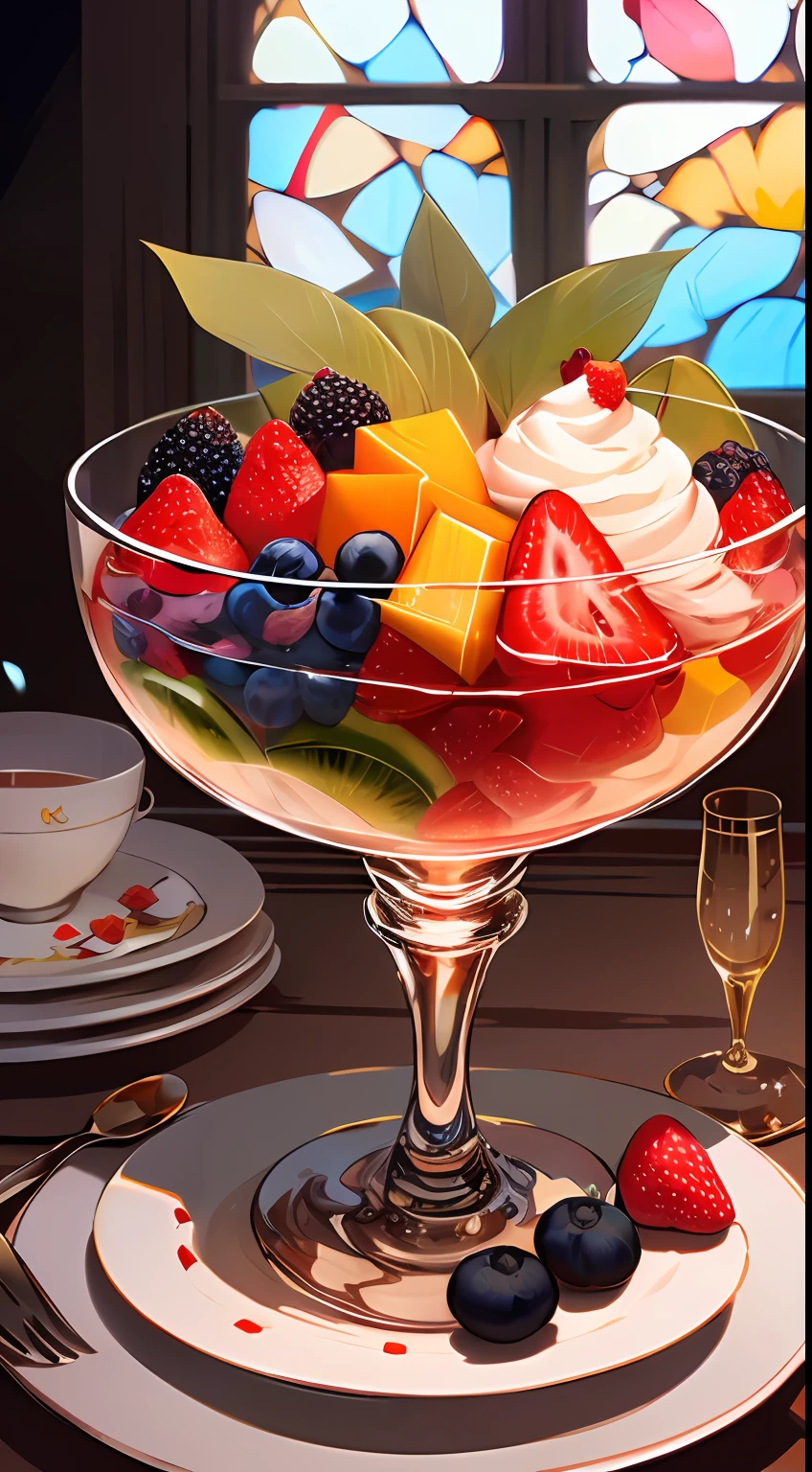 (((Multi-layered jelly))) glass, stained glass windows, Multi-colored highlights, tmasterpiece, Top Quality, Experience, Chic, Boho-chic, a gold, utensil, kettle, a cup, plate, crystals, with floral print, yogurt,Chopped fresh fruits (For example, strawberries, kiwi, mango, blackberry, raspberry, cherry, carom, blueberries, etc.) Marengo, spectral cake, brightly, graphically, Neon