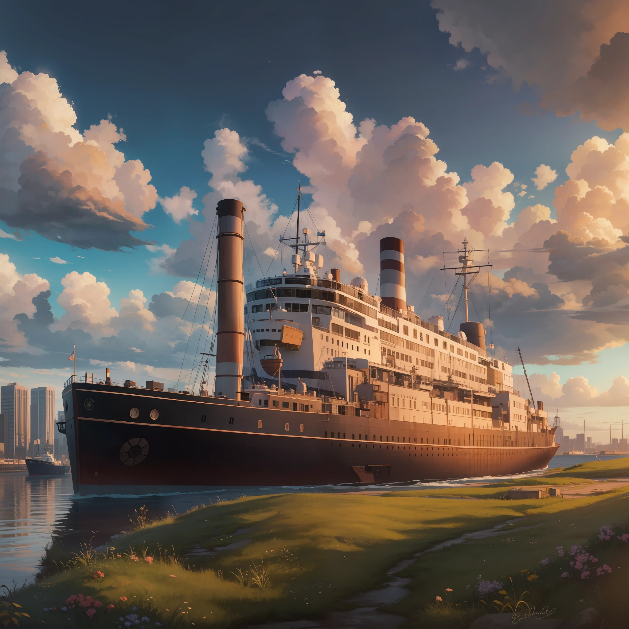 A modern steamship is docked in the nearby harbor, with wide grasslands, vast skies, beautiful skylines, dramatic graphics, moving visuals, high hanging North Star, colorful natural light.