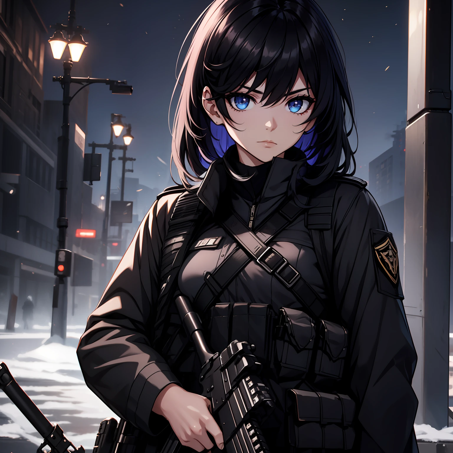 Black military uniform, Emotionless face, black hair, black eyes, detailed eyes, best quality, HD, beautiful eyes, ak-47, ak-74, holding gun, holding AK47, akm, Kalashnikov rifle, battle ground background, night, Tacticool, woman vest

military,