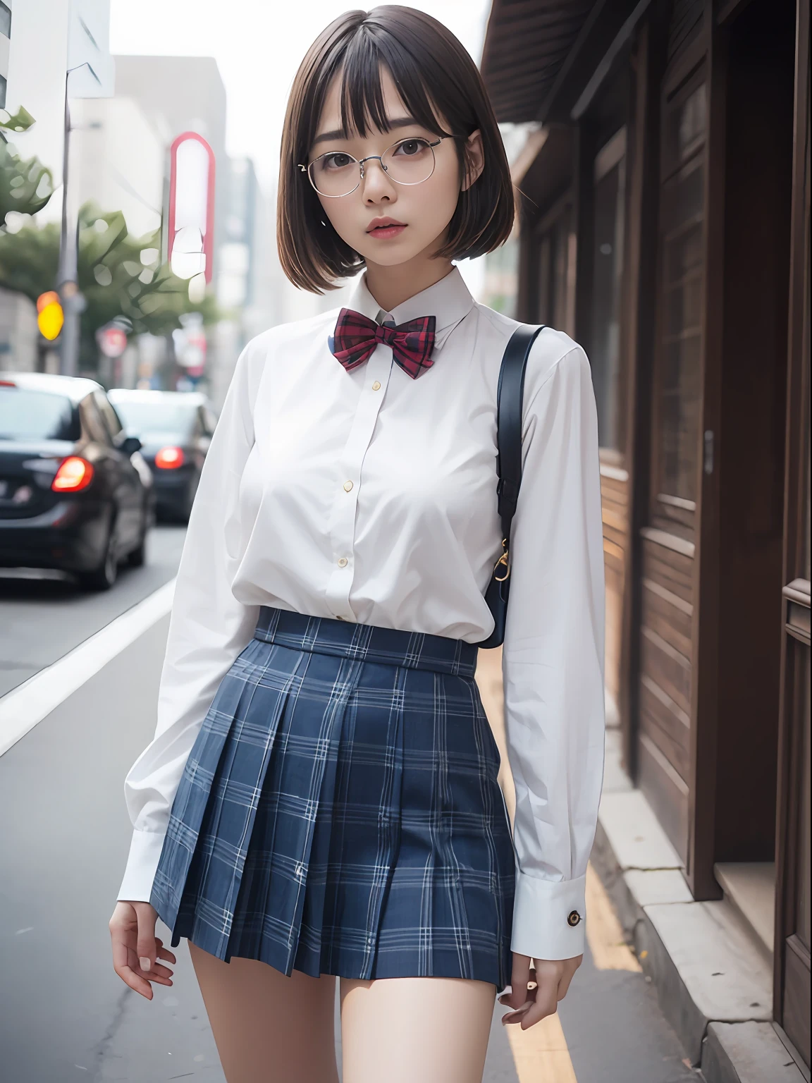 (8K、Raw photography、top-quality、masterpiece:1.2),absurderes,a small face,small tits,flat breast,Parting the bangs from the middle、Forehead visible,(Tight eyes,Bullish,skinny,Rasping,irate)、masterpiece,top-quality、超A high resolution,Raw photo,ren,Beautiful fece,One Person, 独奏,eye glass,,Dark look,Small breasts,fullllbody,Round glasses、cute little、A Japanese Lady,is standing,(Tight eyes,Bullish,skinny,Rasping,irate,small tits,flat breast)、(Photorealsitic:1.37)、Photon mapping,Light blue ribbon,Realistic、Cute little face,Brown-eyed、Black socks、(Red bow tie)、Radio City、Physically Based Rendering、Foreground、depth of fields、Blurry background、a picture,The girls、Body, Long legs, Thin leg,Semi-long,(Bangs are visible), hair, s lips, Blue_The eye, nosesoft,White shirt, Navy blue and white plaid pleated skirt, Knees are visible,Sheer clothing,, Thigh, Black cotton socks,Nogizaka Idol, 女優, Japanese ido