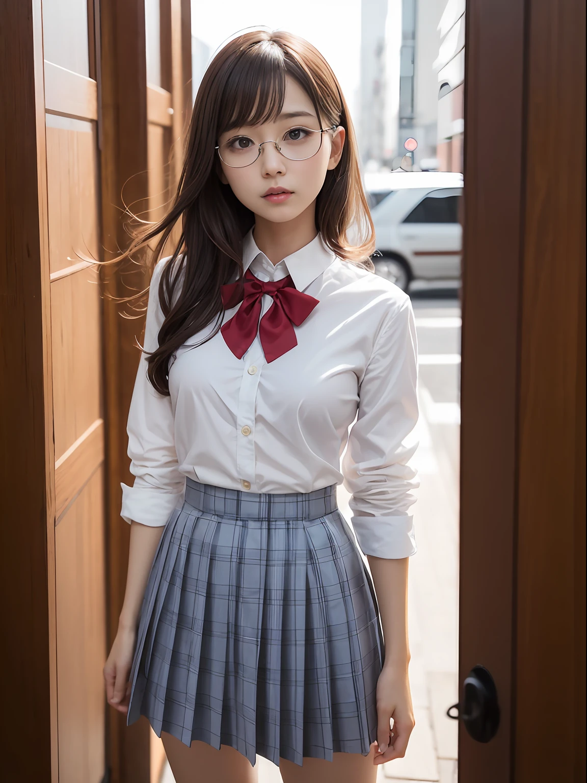 （8K、Raw photography、top-quality、​masterpiece：1.2),absurderes,a small face,small tits,flat breast,Parting the bangs from the middle、Forehead visible,(Tight eyes,Bullish,skinny,Rasping,irate)、​masterpiece,top-quality、超A high resolution,Raw photo,ren,Beautiful fece,One Person, 独奏,eye glass,,Dark look,Small breasts,fullllbody,Round glasses、cute little、A Japanese Lady,is standing,(Tight eyes,Bullish,skinny,Rasping,irate,small tits,flat breast)、（Photorealsitic：1.37）、Photon mapping,Light blue ribbon,Realistic、Cute little face,Brown-eyed、Black socks、(Red bow tie)、Radio City、Physically Based Rendering、Foreground、depth of fields、Blurry background、a picture,The girls、Body, Long legs, Thin leg,Semi-long,(Bangs are visible), hair, s lips, Blue_The eye, nosesoft,White shirt, Navy blue and white plaid pleated skirt, Knees are visible,Sheer clothing,, Thigh, Black cotton socks,Nogizaka Idol, 女優, Japanese ido