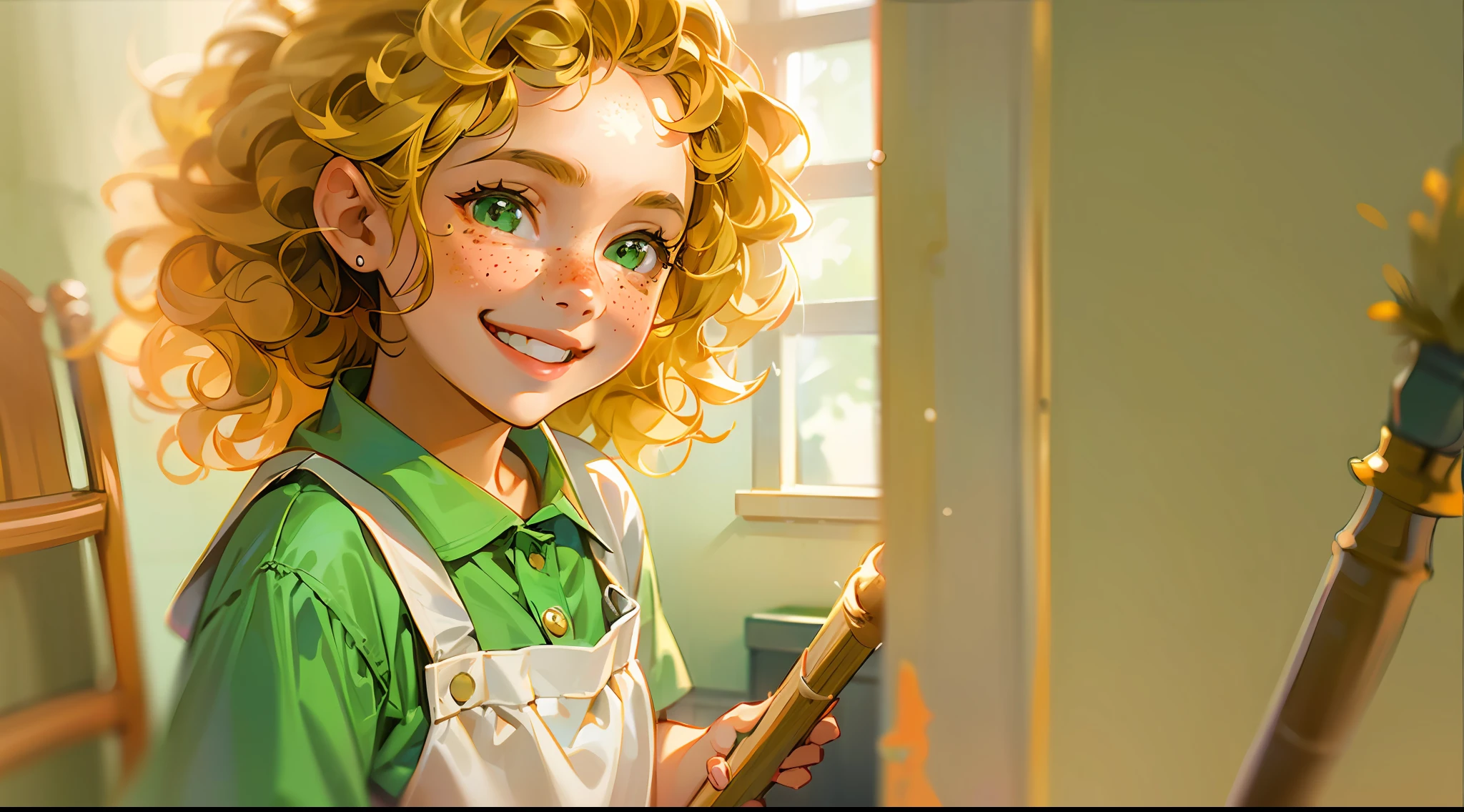Photorealism, 12 year old girl, pretty 12 year old girl with green eyes, terrible curly hair, naturally curly, golden hair, freckles, housemaid style, smile, cheerfully cleaning with a broom