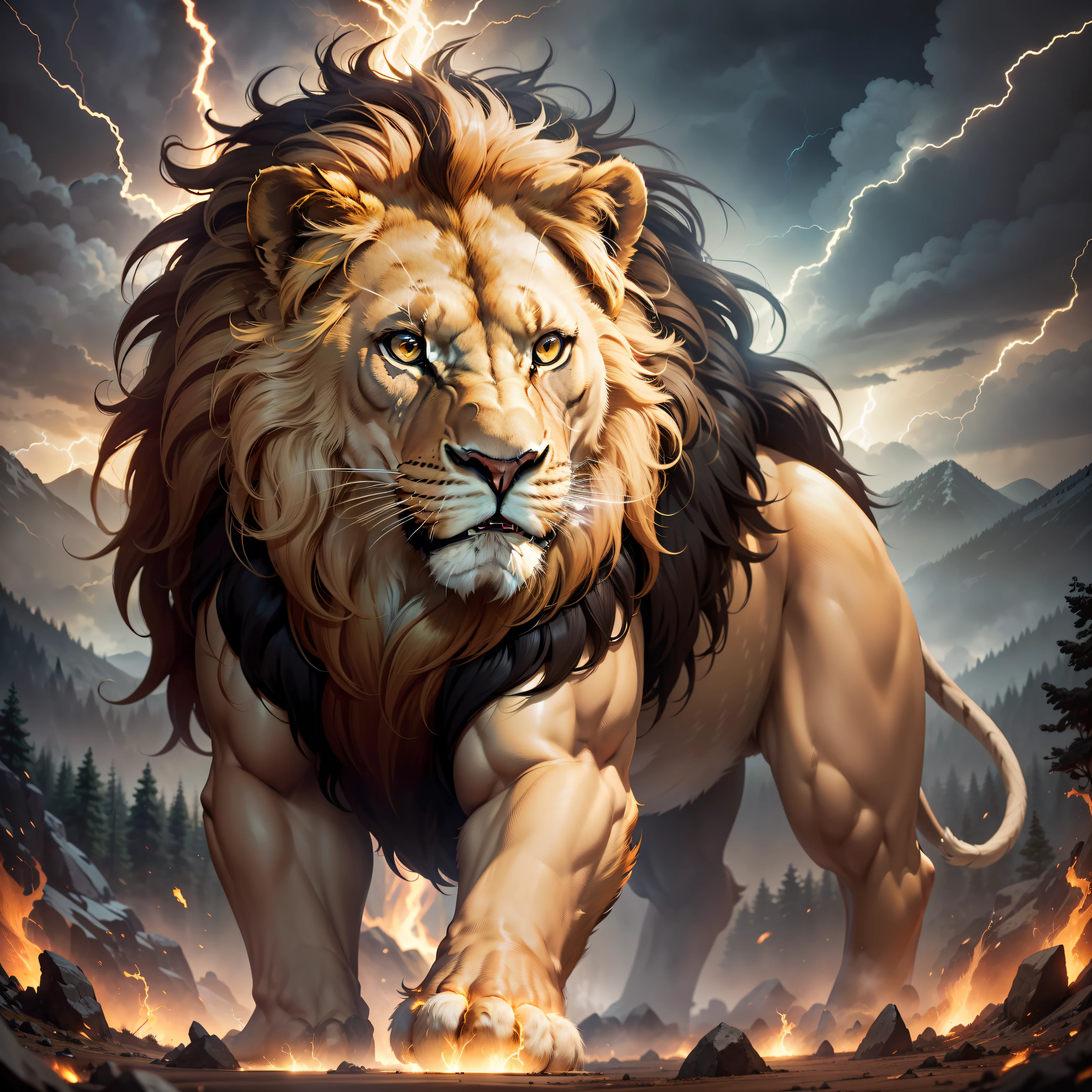 An imposing lion,Body shape huge,close-up all over the body,Eyes with lightning,Flowing hair,Golden lightning surrounds,Golden lion,realisticlying,special effect,In the forest,FHD