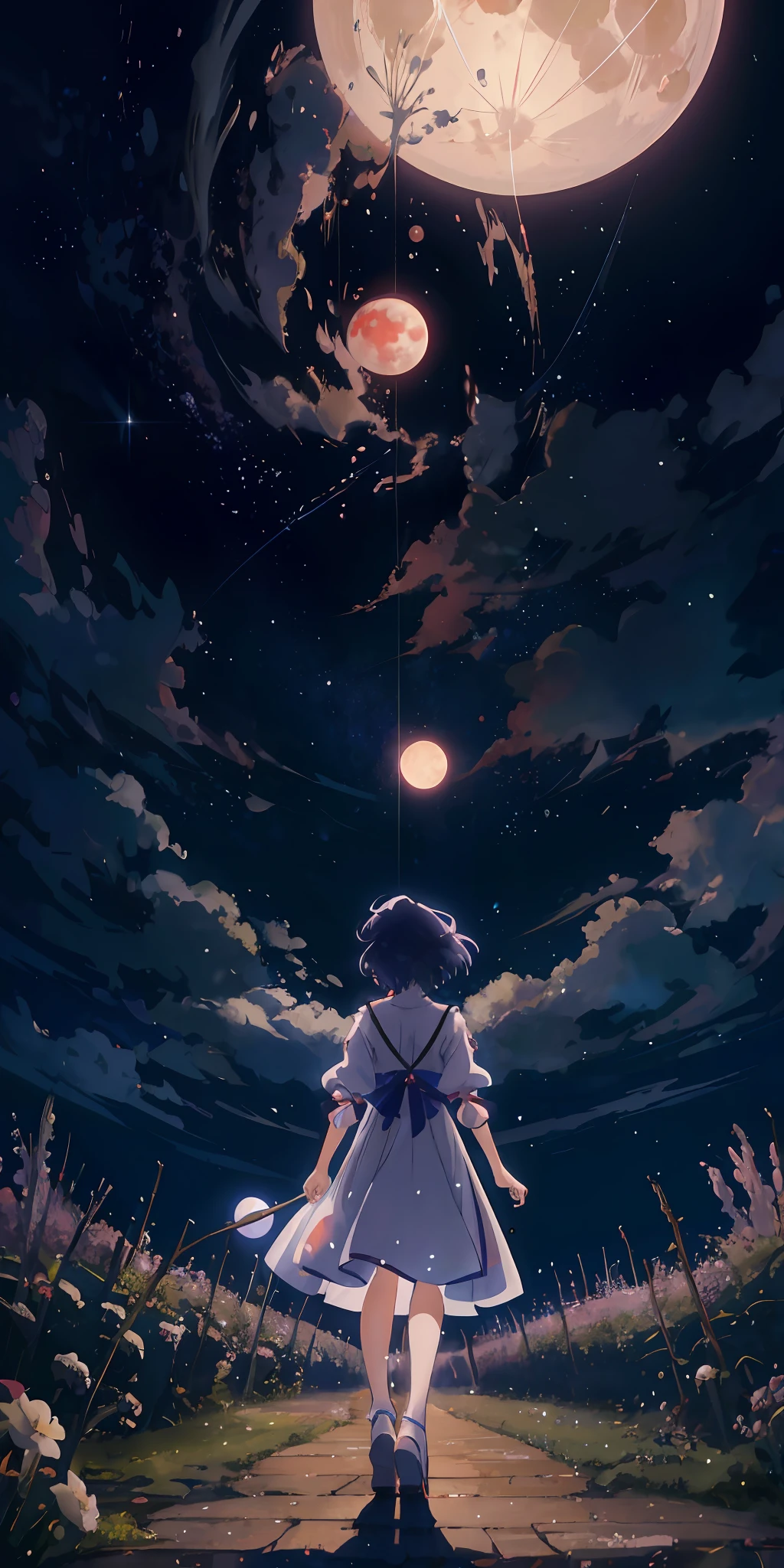 Anime girl in white dress standing on a path under full moon, Anime art wallpaper 8 K, 4K anime wallpaper, Anime wallpaper 4 k, Anime wallpaper 4K, Makoto Shinkai Cyril Rolando, Anime art wallpaper 4 K, Anime art wallpaper 4k, anime wallpaper, anime backgrounds, 4k manga wallpapers, cosmos sem fim no fundo,hyper HD,