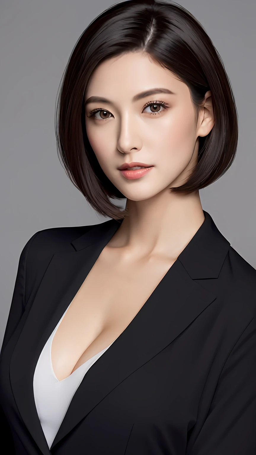 (​masterpiece:1.3), (8K, Photorealsitic, Raw photography, Top image quality: 1.4), japanes, (1girl in), beauitful face, (Lifelike face), (A dark-haired, short-hair:1.3), Beautiful hairstyle, Realistic eyes, Beautiful eyes, (real looking skin), Beautiful skin, enticing, 超A high resolution, A hyper-realistic, high-detail, the golden ratio, Detal Face,see the beholder,middlebreasts,Female Announcer、Tall Slender、Beautuful Women、Lower body ultra-thin、Colossal tits、undershirt、caster、news、japanes、Japanese、Suits、A sexy