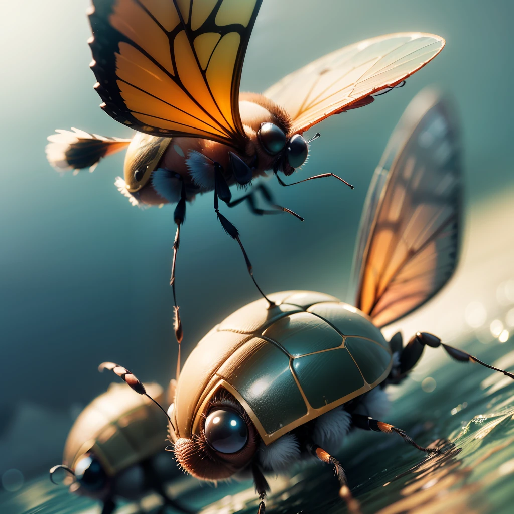 Funny and bizarre insects of the planet PLUG soar above the water, kind, broadly and affably smile. Close-up. Warm, muted colors. Lots of details. Super photorealistic. Frame from the film. cartoon style Disney.  Fantasy blurred background. Light haze. --auto --s2