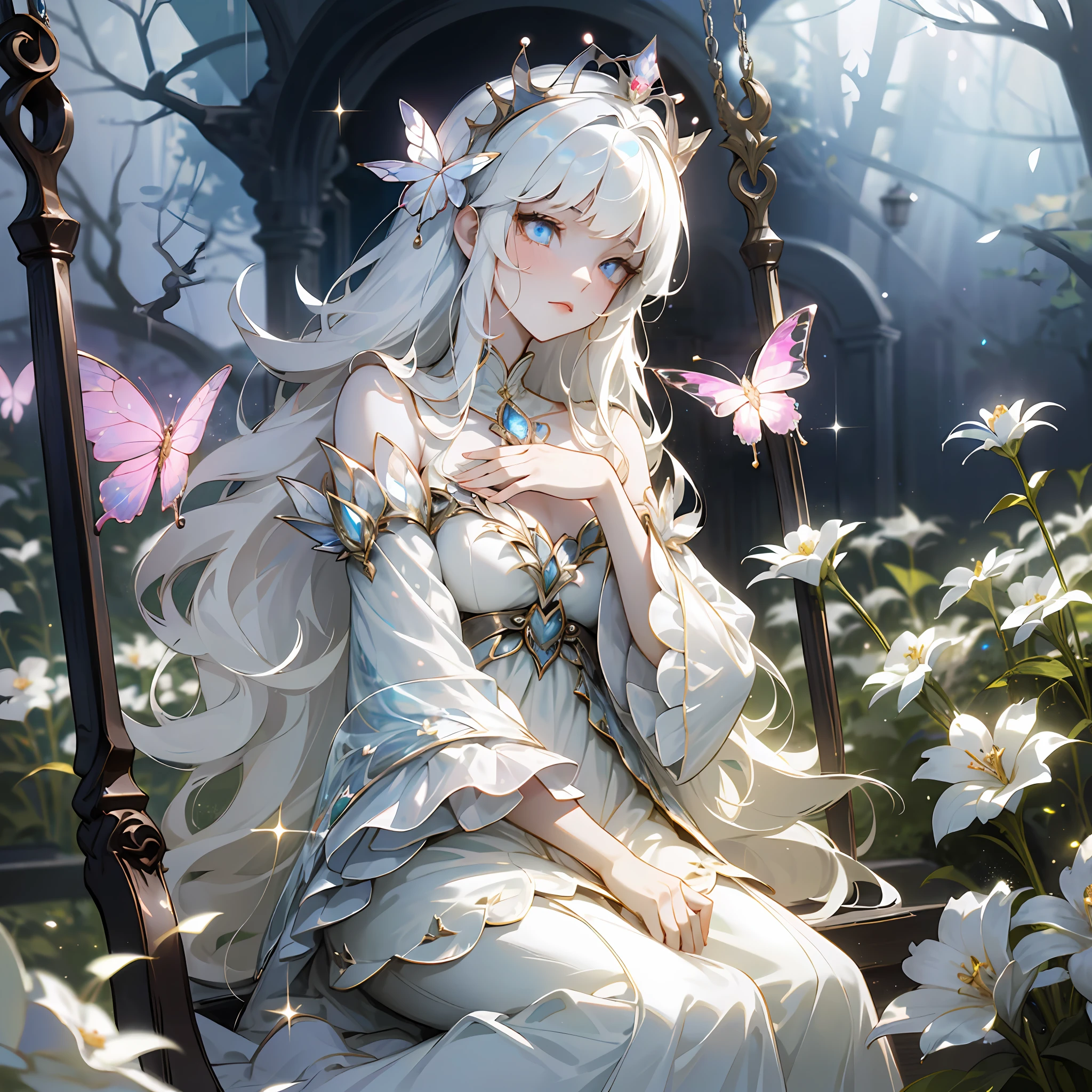 1 woman with a crown，the night，Sitting on a swing in the garden，Beautiful and elegant butterfly queen, Guviz, Fantasy art style, 8K high quality detailed art, Butterfly Lord, Beautiful and seductive butterfly princess，digital fantasy art , ellegance, (long  white hair，White-colored skin，The skin is translucent white，sparkle in eyes，Wearing a beautiful dress，Scalloped sleeves，beautiful  face，Lonely pale face），Glow-in-the-dark flowers，Particle，Glow，Guviz-style artwork, WLOP Art,