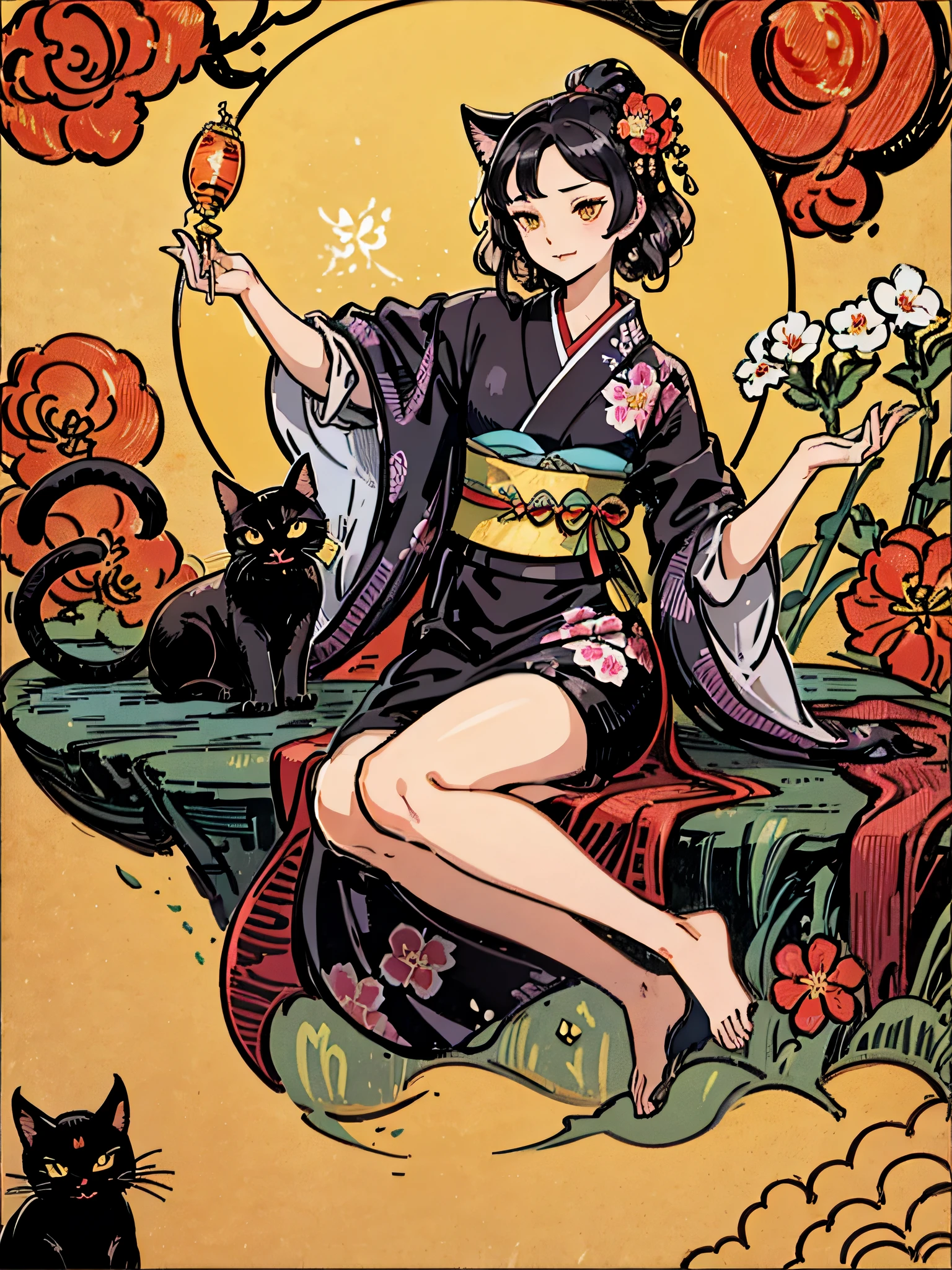 Propose a very attractive design、1 person and 1 cat、Masterpiece、Katsushika Hokusai-kaze、Natural color design、Morning glory flowers、Bold and beautiful floral design、Summer image、japanic style、Detailed diagram of the pattern、With the highest quality、Masterpiece High Resolution、ukiyoe style、Artistic style、Postcard Design、Balanced design、Composition that fits well、Emo art、Ukiyo-e style、japanese aesthetic、4K resolution、Gorgeous background art、Attributes of a person(profile、Seen from the side、Elegant smile、top grade、neuter、Honor Students、A dark-haired、Lustrous hair、unclear、Poor、slender、Virtuous、well-behaved、Good impression)、Cat attributes(black cat、Pitch black cat、cute little、Ultra Cute、Yellow eyes、lithe)