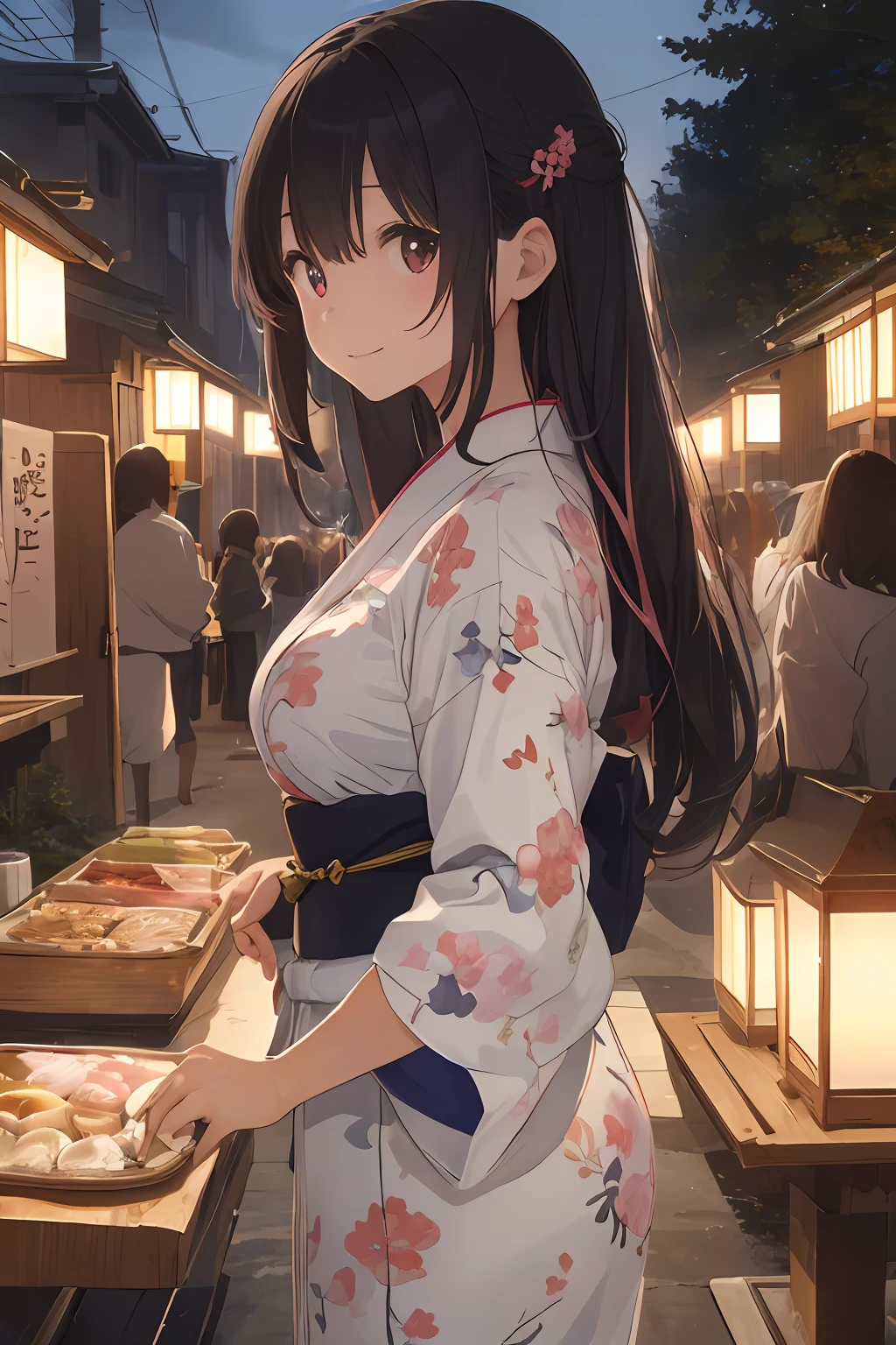 (masterpiece、realisitic:1.4)、(very intricate:1.2)>、Close Shot、(pastel(Medium)),portlate、(The upper part of the body:1.2)、(from the front side:1.3)、(dinner table)、((Yukata))、(Very long hair)、A smile、breastsout、((Festival of the Japan))、Nearby y(Wide night sky)、(sparklers)、looking at the viewers、tilt of the head、the wind、1girl in、独奏、Pink hair、BREAK、ciinematic light、超A high resolution、8KUHD、film grains、perfect anatomia、Exquisitely detailed skin、 Best Shadows、Delicate、raw、hight resolution、Precise background、(Natural forest in the background)、(breastsout)Protrusion of