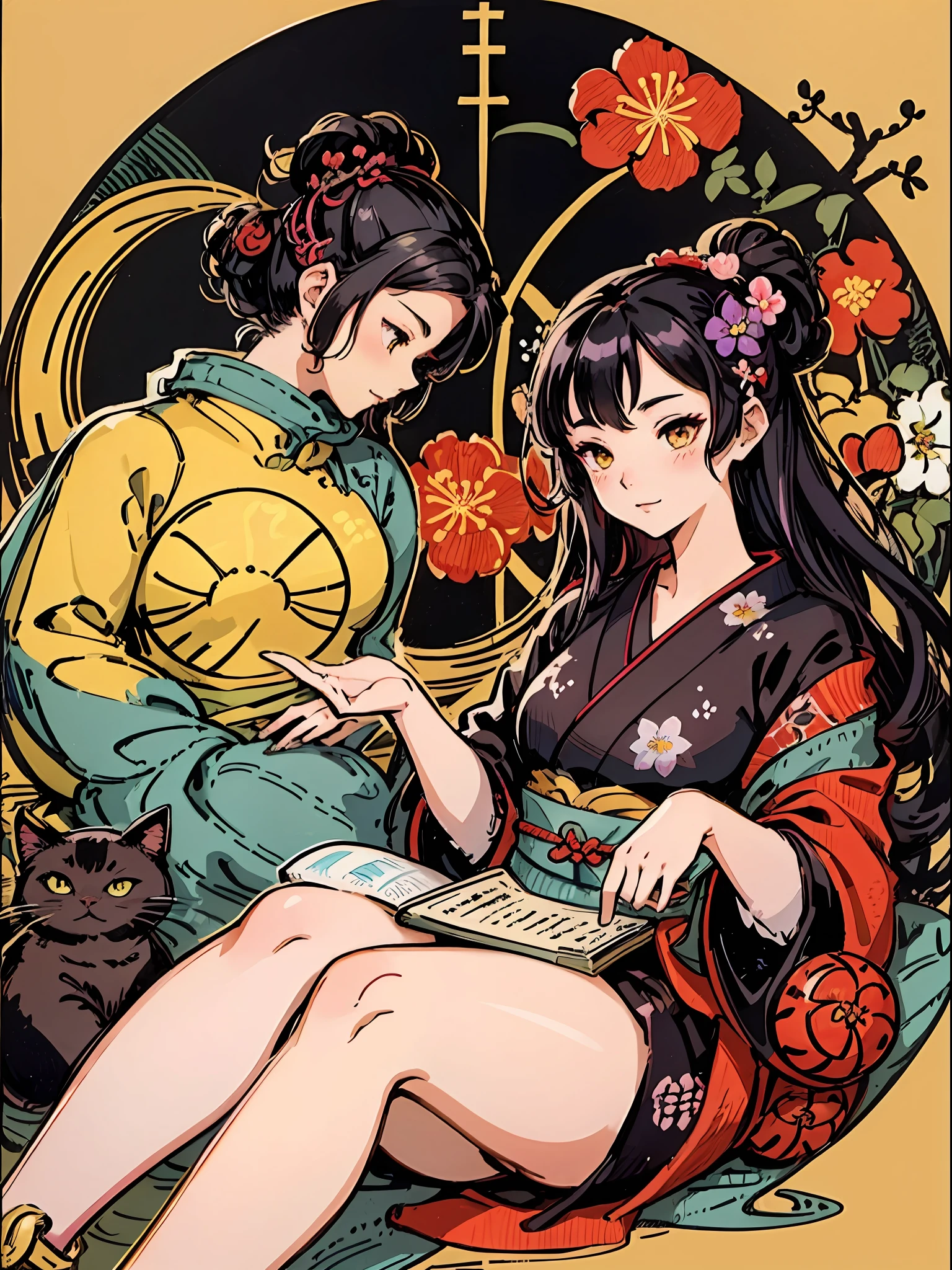 Propose a very attractive design、1 person and 1 cat、Masterpiece、Katsushika Hokusai-kaze、Natural color design、Morning glory flowers、Bold and beautiful floral design、Summer image、japanic style、Detailed diagram of the pattern、With the highest quality、Masterpiece High Resolution、ukiyoe style、Artistic style、Postcard Design、Balanced design、Composition that fits well、Emo art、Ukiyo-e style、japanese aesthetic、4K resolution、Gorgeous background art、Attributes of a person(profile、Seen from the side、Elegant smile、top grade、neuter、Honor Students、A dark-haired、Lustrous hair、unclear、Poor、slender、Virtuous、well-behaved、Good impression)、Cat attributes(black cat、Pitch black cat、cute little、Ultra Cute、Yellow eyes、lithe)