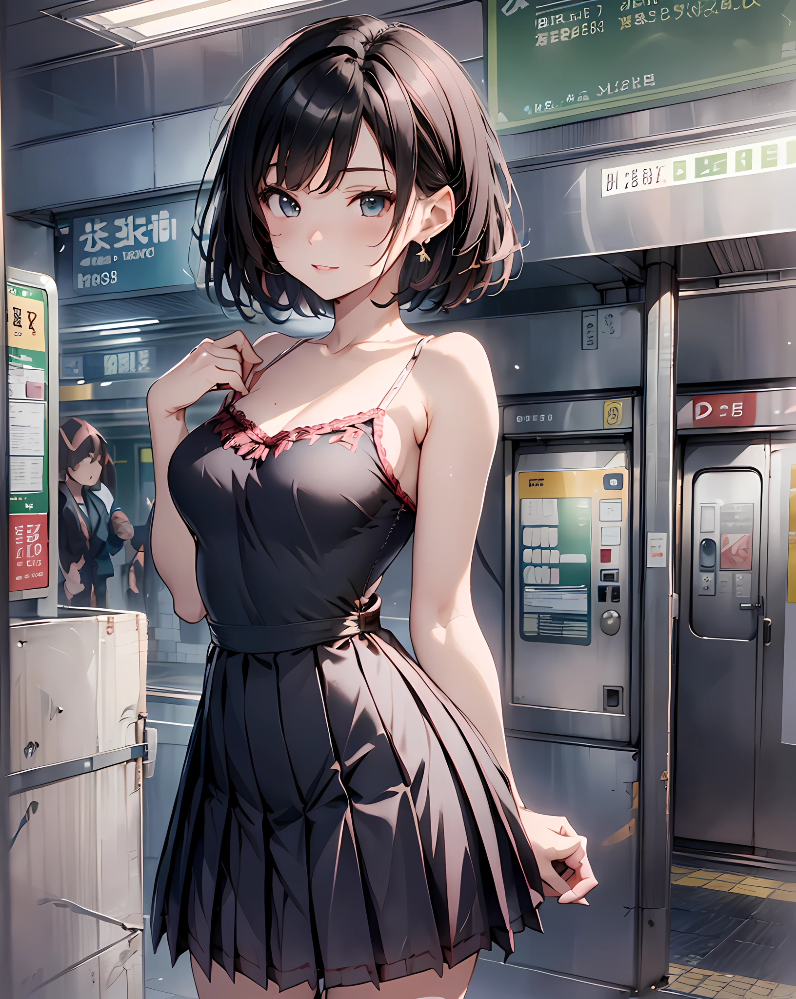 (masterpiece, best quality:1.37), highres, ultra-detailed, ultra-sharp, BREAK, Korean school idol, (((1girl:1.37, solo))), (beautiful anime face, cute face, detailed face), (black hair, thin hair, short hair, bangs, hime-cut), detailed beautiful cyan eyes, BREAK, ((detailed camisole one-piece dress:1.5), (detailed box-pleats short-skirt:1.5)), BREAk, lovely look, water melon earing, detailed clothes), light smile, closed mouth, parted lips, pink lipstick, BREAK, ((standing, arms behind back,:1.3, cowboy shot, from side)), detailed human hands, HDTV:1.2, ((detailed subway station view background:1.3)), 8 life size, slender, anime style, anime style school girl, perfect anatomy, perfect proportion, inspiration from Kyoto animation and A-1 picture, late evening, excellent lighting, bright colors, clean lines, photorealistic