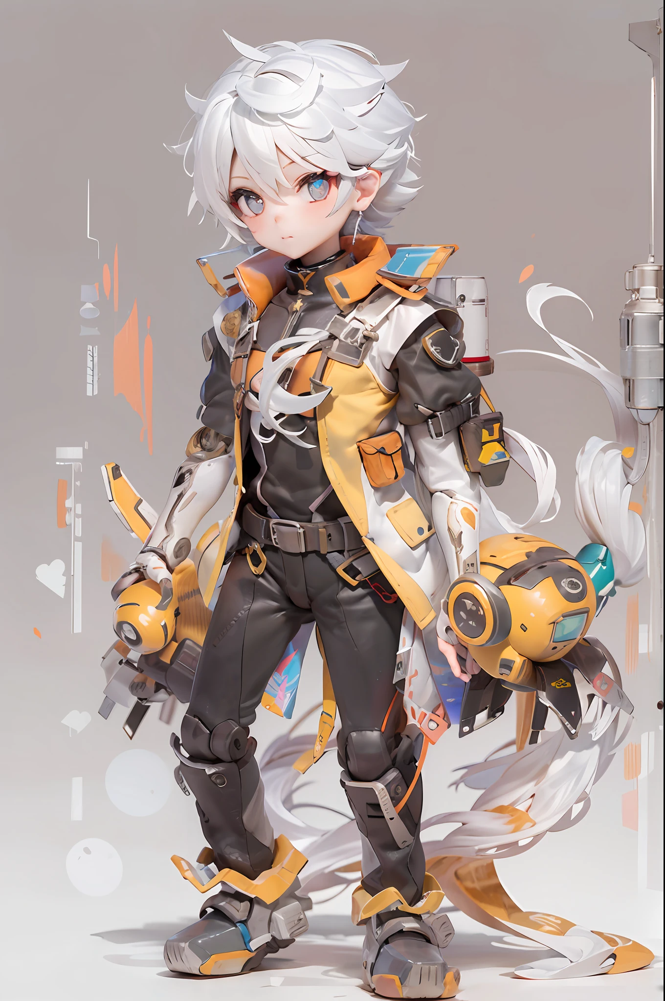 (1 robot boy:1.2),(Machinary:1.3),(mythological creatures:1.2),beast,(White hair:1.2),(yellow clothing:1.2),Fluffy,(beautfully face:1.2),gradient colors((best qualtiy)),((Masterpiece)),(offcial art,Beauty and aesthetics:1.2),depth of fields,composition(full bodyesbian:1.2),(tchibi:1.2),(beautiful and detailed eye:1.3),Long tail,(rainbow-candy:0.8),full bodyesbian，jj,  Black background，yin yang，chibi, full bodyesbian