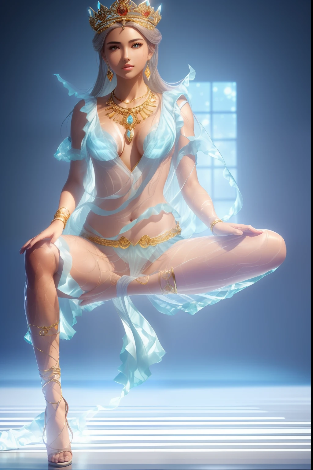 A beautiful woman wearing a crown sits on a lotus flower,beautiful countenance,(RAW:1.2),(realisticlying:1.4),(Sharpness:1.2),(A woman who is), old,(((body high:1.5))),(((Gemstones refract dazzling light))),((middlebreast:1)),(Abs:0.7),(glute:1.2),(healthy-looking skin, Thin skin, seductiveexpression, 二重まぶた,Jelly textured lips, Glowing lips,Small upturned lips,There is an eye in the middle of the forehead,(No clothes),The skin shines through,(((Flawless skin texture))),Real pores,ctextured skin,choker necklace,Yingluo,(Wear gemstones,pearls,hisui,amber,),((Gorgeous and exquisite crown,gemstone setting)),(Dynamic hair,Hair hanging down the shoulders,Beaded hairpins,Nobile,),Glossy glossy skin,Glowing skin,Radiant hair,eyes looking at the lens,The head is illuminated with an aperture,The body shines,The background is blue sky,
High quality detailing, Cinematic lighting,((Contre-Jour)),absurderes, unbelievable Ridiculous, hugefilesize, ultra - detailed, A high resolution, The is very detailed,best qualtiy,tmasterpiece,illustratio,The is very detailed,CG,unified,8k 壁纸,Amazing Cleavage,finely detailled,tmasterpiece,(((dynamicposes))),(((A fighting stance))), ((Correct anatomy)),(((Correct dissection))