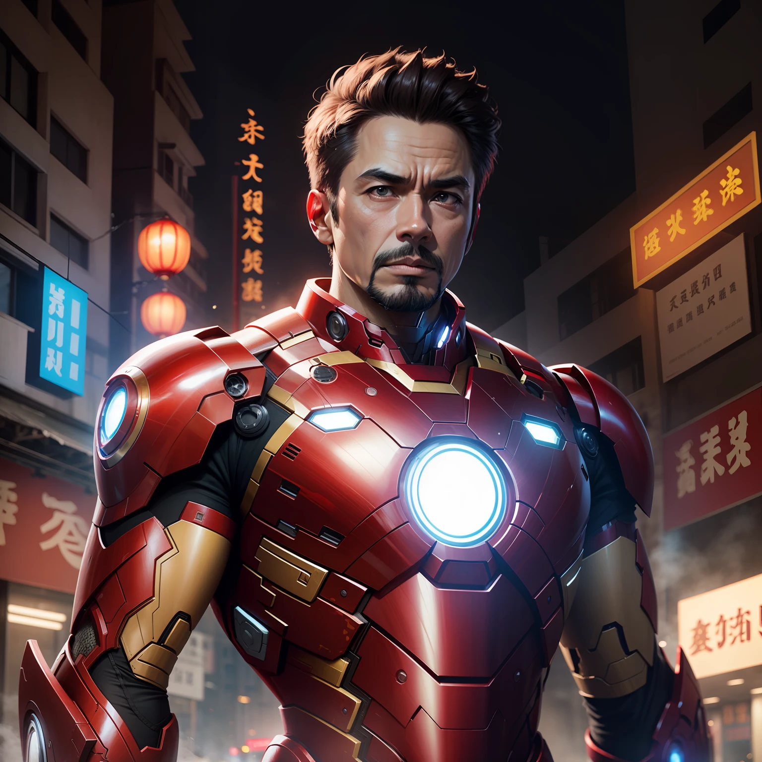 Iron Man,4k,femele,China-style,Chinese streets,Spring festival,hyper realisitc,Heavy fog,