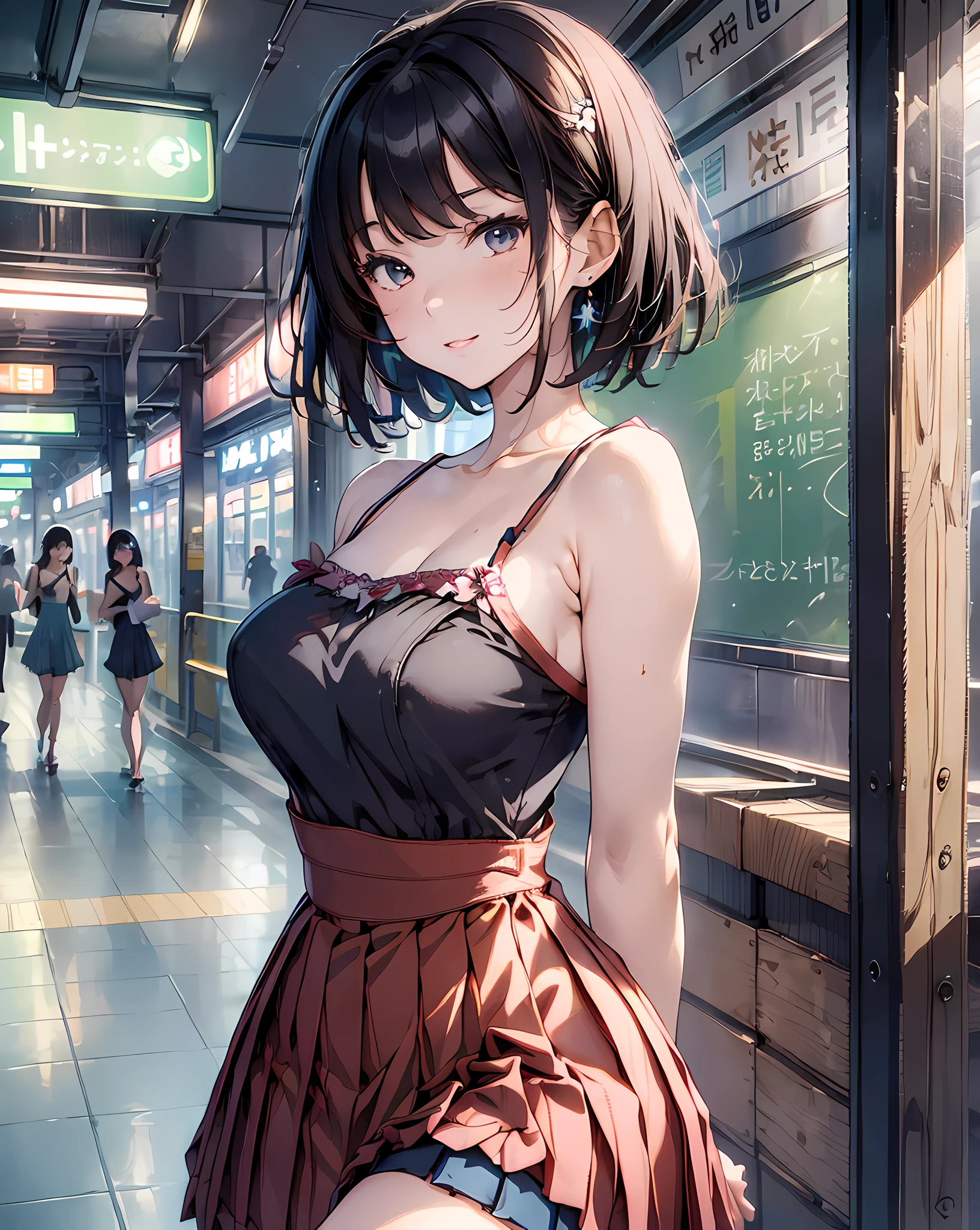 (masterpiece, best quality:1.37), highres, ultra-detailed, ultra-sharp, BREAK, Korean school idol, (((1girl:1.37, solo))), (beautiful anime face, cute face, detailed face), (black hair, thin hair, short hair, bangs, hime-cut), detailed beautiful cyan eyes, BREAK, ((detailed camisole one-piece dress:1.5), (detailed box-pleats short-skirt:1.5)), BREAk, lovely look, water melon earing, detailed clothes), light smile, closed mouth, parted lips, pink lipstick, BREAK, ((standing, arms behind back,:1.3, cowboy shot, from side)), detailed human hands, HDTV:1.2, ((detailed subway station view background:1.3)), 8 life size, slender, anime style, anime style school girl, perfect anatomy, perfect proportion, inspiration from Kyoto animation and A-1 picture, late evening, excellent lighting, bright colors, clean lines, photorealistic