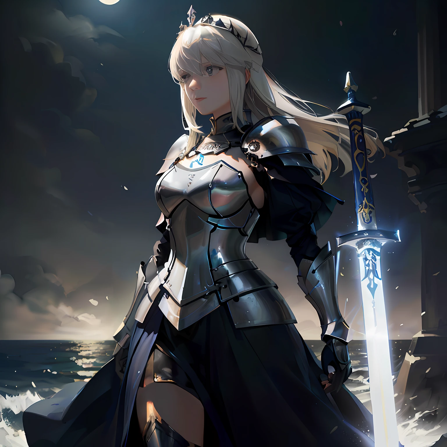 Blonde woman in armor standing on beach at night, Kushatt Krenz Key Art Women, Artoria Pendragon, of a beautiful female knight, beautiful female knight, Female knight, she is holding a sword, Fanart Meilleure ArtStation, Extremely detailed Artgerm, 2. 5 D CGI anime fantasy artwork, inspired by Li Chevalier，FATE animation，Sword in the lake