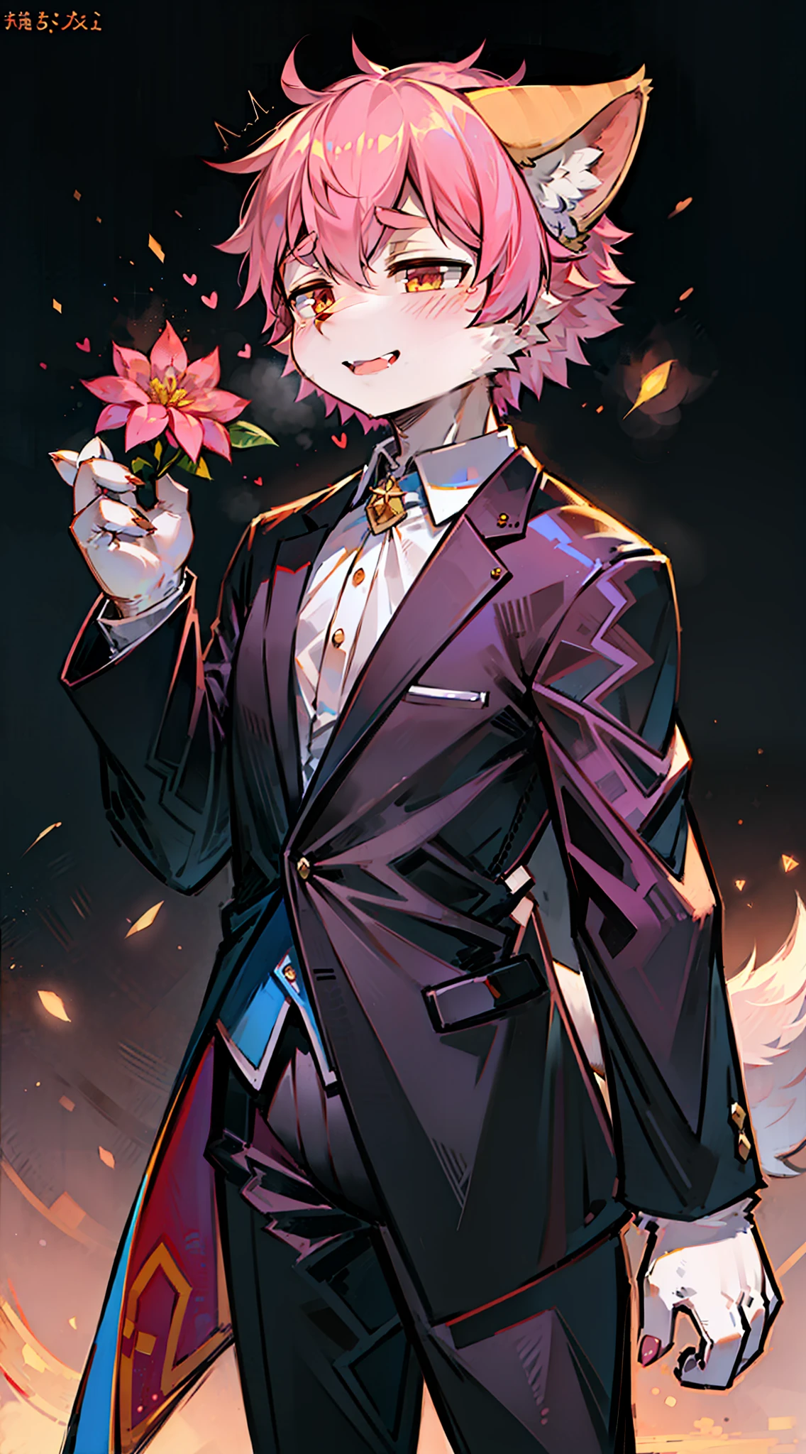 （1boys：1.3），neko boy，（shaggy：1.5），Holding a flower in his hand，Squint，Pink hair，bodyfur，hyper cute face，Beautiful light and shadow，ambient lights，Ultra-detailed fur，full bodyesbian， lighting perfect， light particules， （tmasterpiece）， （ultra - detailed）， Sharp focus， light particules， niji， Blushlush， The color hair， short detailed hair，  ssmile， 独奏， ssmile， 独奏， hairy pubic， Animal ear villi， Open your clothes， coda， with her mouth open， depth of fields， （best qualtiy） JW3，（Chinese art），The background of the suit is the burning estate，