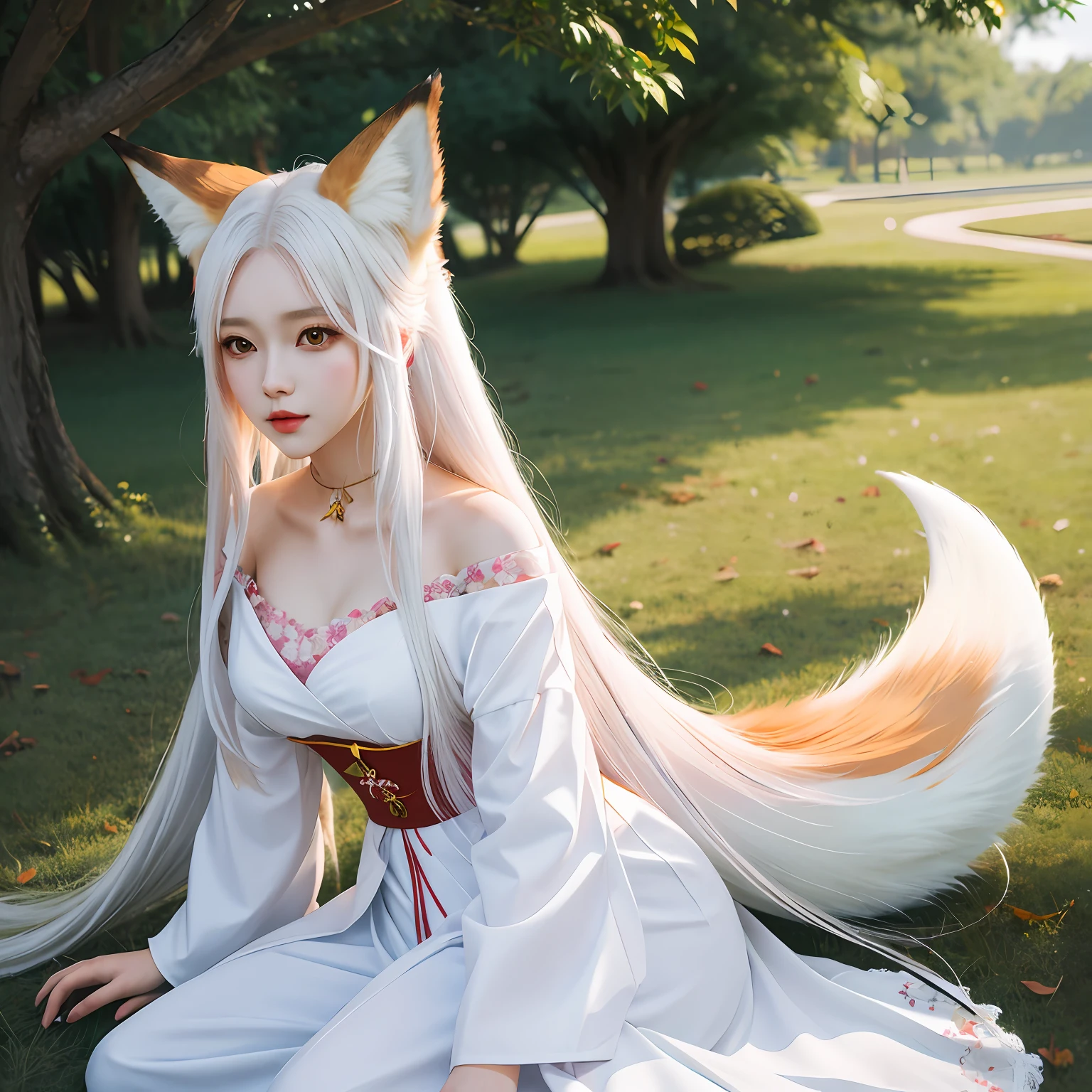 Anime girl with long hair and fox,a beautiful fox lady,White-haired fox,Beautiful character painting,a beautiful anime portrait,girl with fox ears,Beautiful fox woman,By Ni Tian,Guviz-style artwork,Guviz,