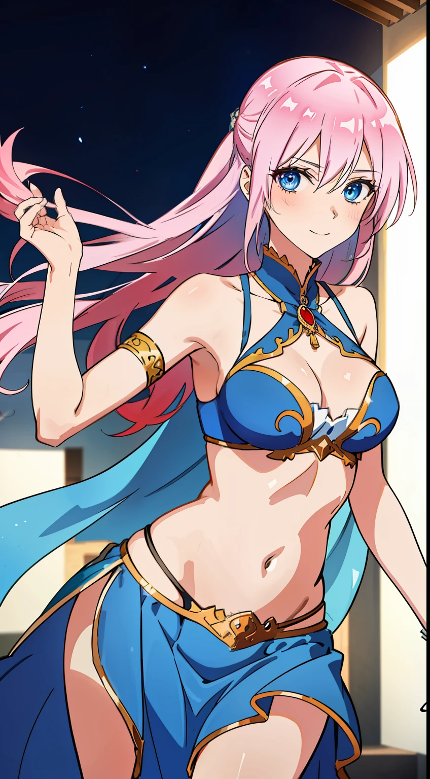 shikimori, medium breast, slim legs, blue gown, navel, skirt, standing, beautiful eyes, blue eyes, happy, arabian belly dancer, stage