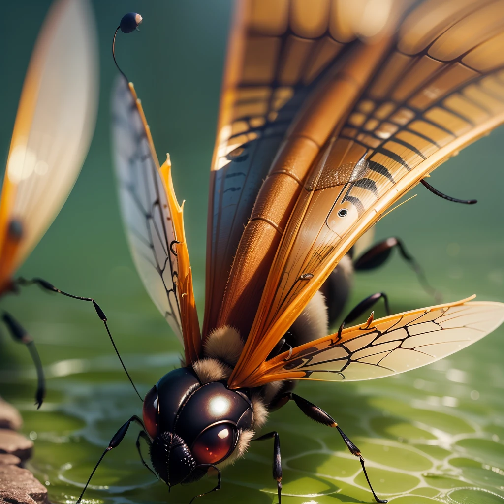 Funny and bizarre insects of the planet PLUG soar above the water, kind, broadly and affably smile. Close-up. Warm, muted colors. Lots of details. Super photorealistic. Frame from the film. cartoon style Disney. Fantasy blurred background. Light haze. --auto --s2