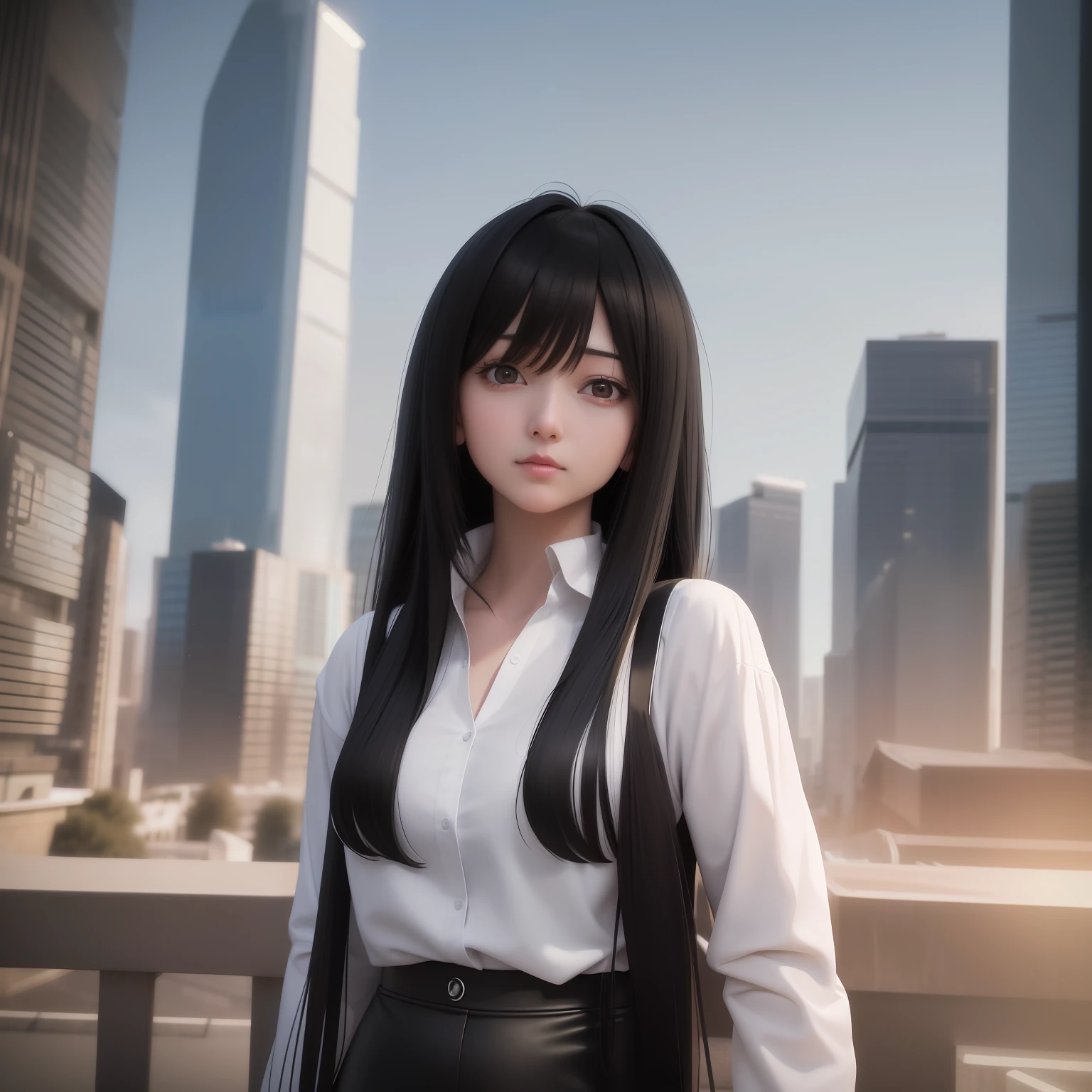 Anime girl with long black hair and white shirt standing in front of the city, Realistic anime 3 D style, realistic anime artstyle, Beautiful anime girl, Anime style. 8K, Realistic young anime girl, Beautiful anime style, Guviz-style artwork, Realistic anime art style, a beautiful anime portrait, anime realism style, Anime girl with long hair