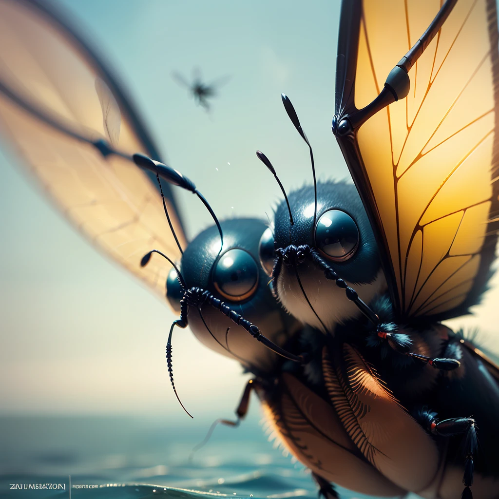 Funny and bizarre insects of the planet PLUG soar above the water, kind, broadly and affably smile. Close-up. Warm, muted colors. Lots of details. Super photorealistic. Frame from the film. cartoon style Disney.  Fantasy blurred background. Light haze. --auto --s2