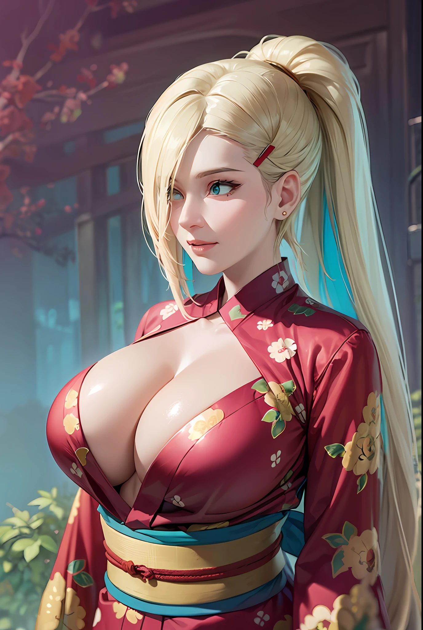 Best Quality, yamanaka ino, (1girl, 独奏, mature female, Adult woman), seethru, hair light, red kimono, long red kimono, long kimono, sash, Cyan eyes, Sateen, Forest background, Warm background, big breastes, wide thighs, kitty, (, :1.1, hair ornament, Thong with neckline), teats