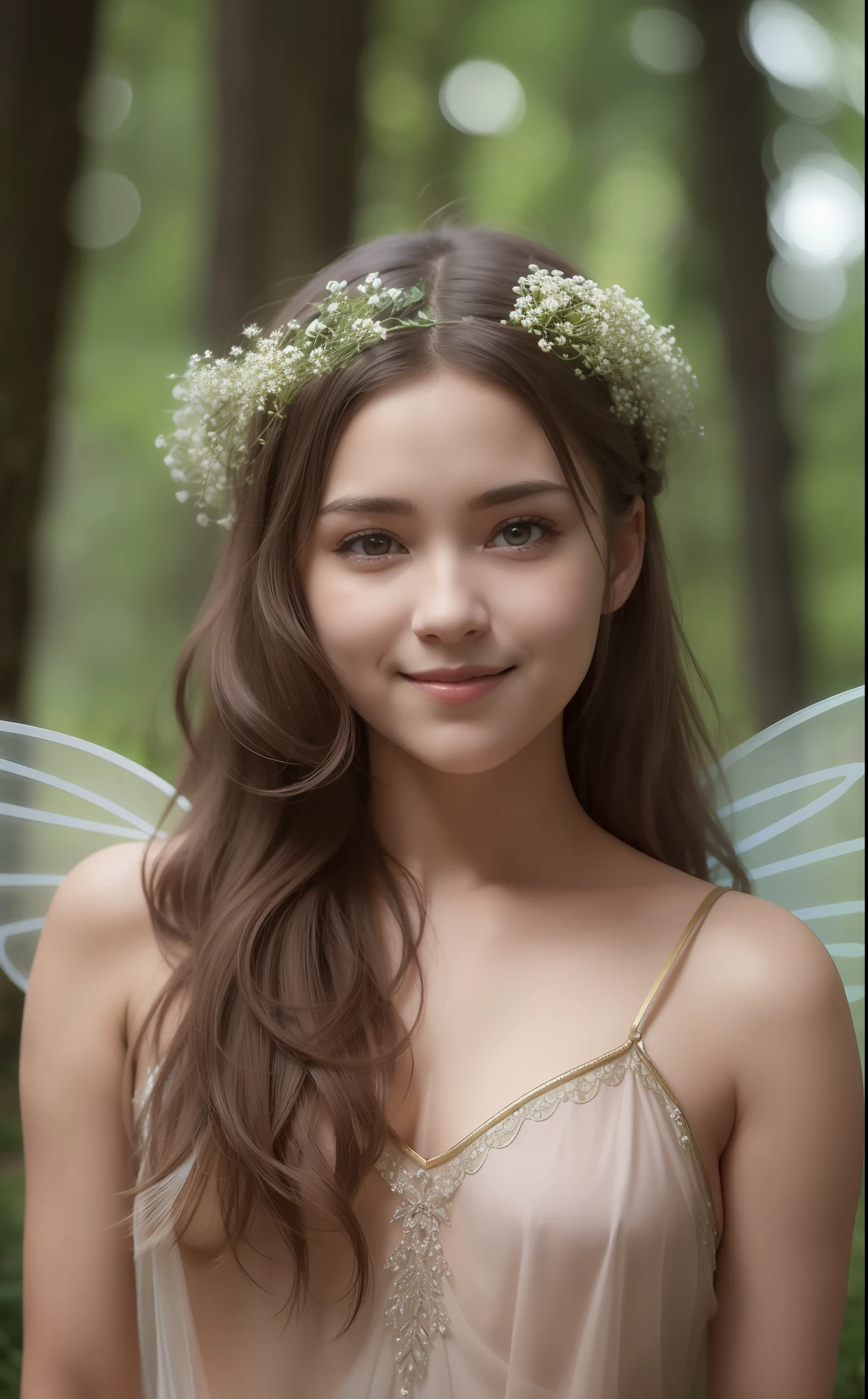 Photo of a gorgeous 20-year-old Finnish fairy wearing (Gypsophila Decoration Dress:1.2) And (Delicate fairy wings:1.2), Grinning, (looking in camera:1.1), (Sateen:1.1), on forest path:, Proudly standing next to his portate, by Studio Ghibli, masutepiece, Barefoot, (Natural lighting:0.8), 8K, ((Realistic)), F/1.1, , the woods、covering the navel、hiding breast、(Curvaceous)femele(flawless skin:1.11)And(teats:1.1)、A smile、full body Esbian、Beautiful standing figure、