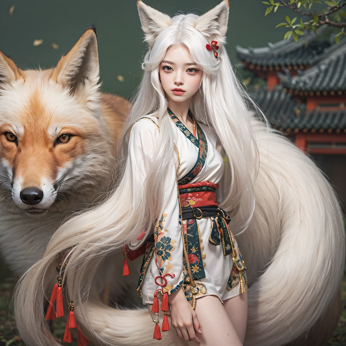 White hair，girl with fox ears，There is a fox's tail on the butt，Dressed in ancient Chinese style