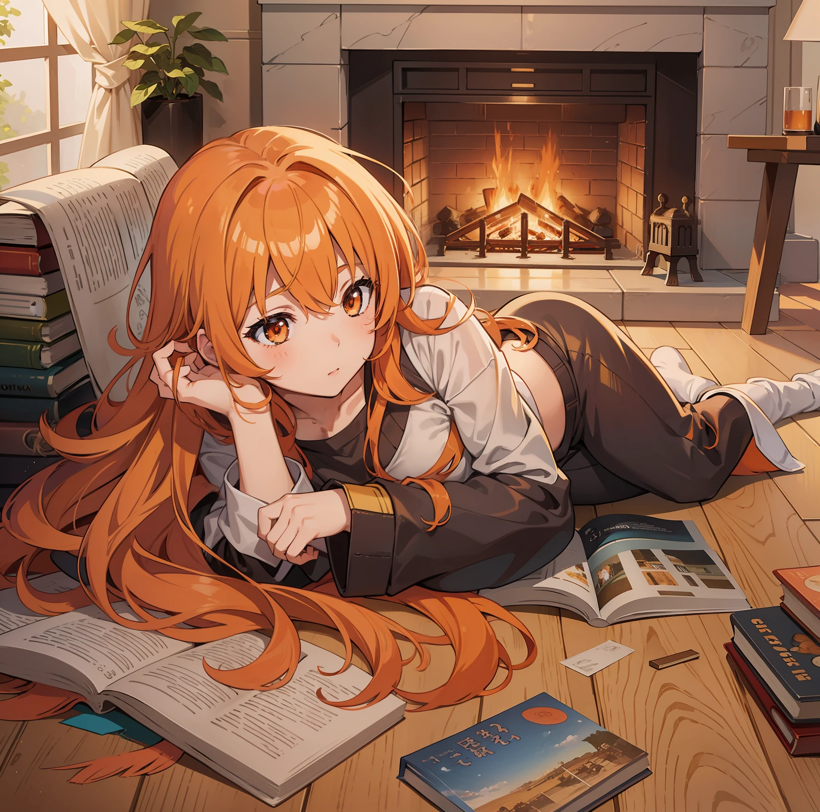 Create an artwork of an anime girl curled up with a book by a warm fireplace, immersed in the pages of an adventure, orange hair, full body shot