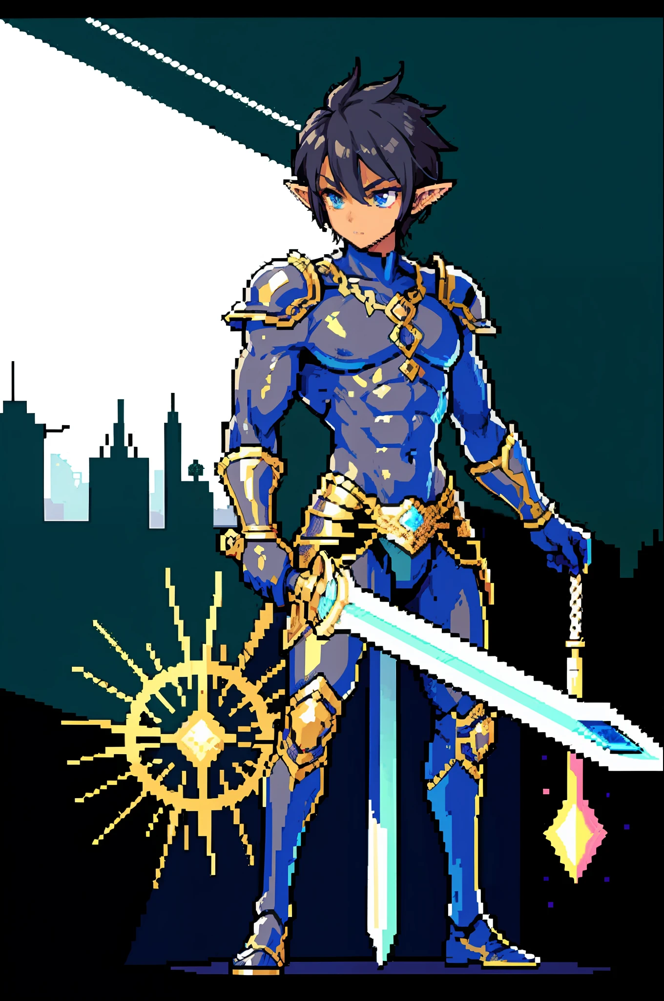 (tmasterpiece,top Quority,best qualtiy),pix,pixelart,the elf,full bodyesbian,(Dark skin),chest muscle,Abs,(Handsome male),swordsman,big sword,armour
